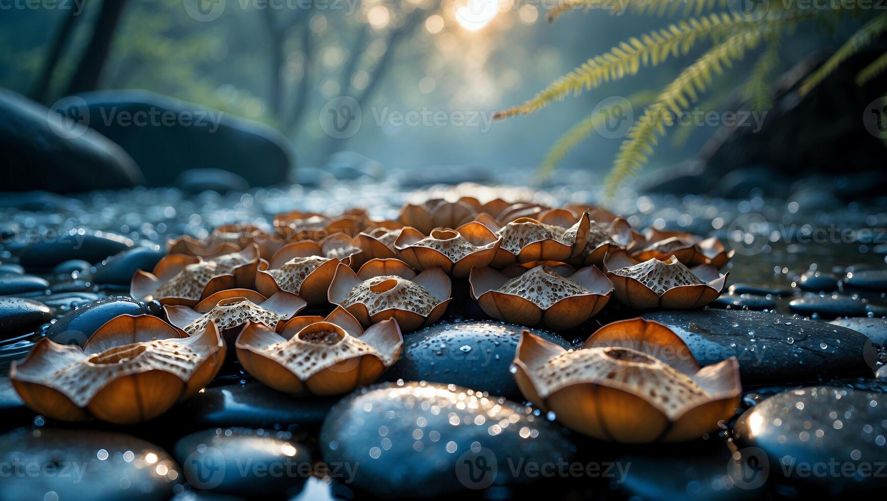 Pebbles with Strange Organic Pods Near Stream in Forest photo