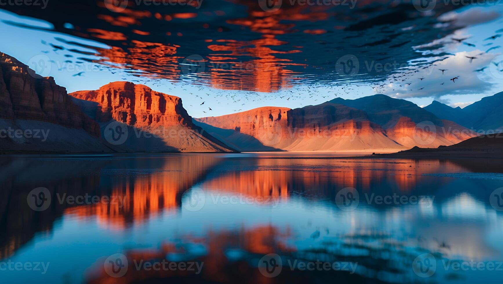 Reflecting Lake with Mountains and Birds in a Tranquil Landscape photo