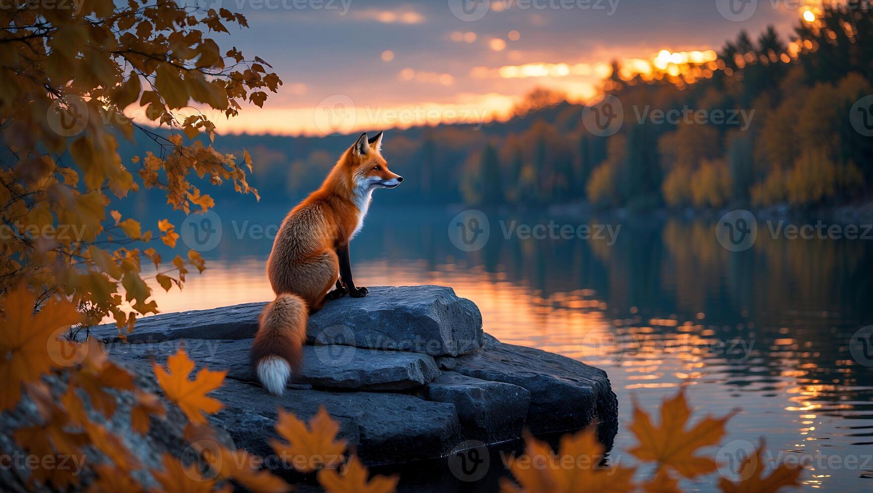 Fox Sitting on Rocks by Lake During a Warm Autumn Sunset photo