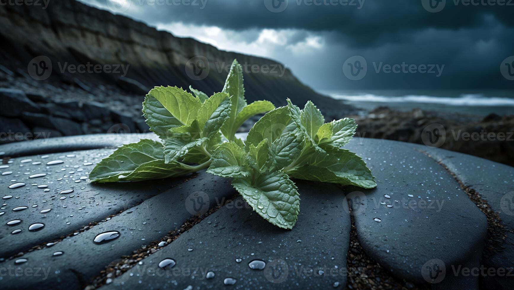 Fresh Green Mint on Wet Stone Coastal Landscape Backdrop photo