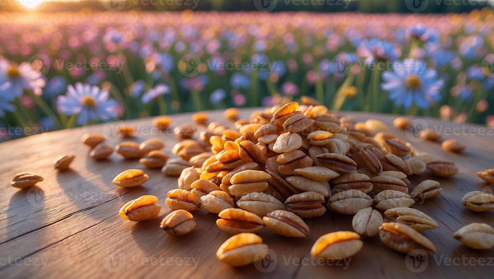 Pile of Seeds on a Wooden Table with Flower Field Background photo