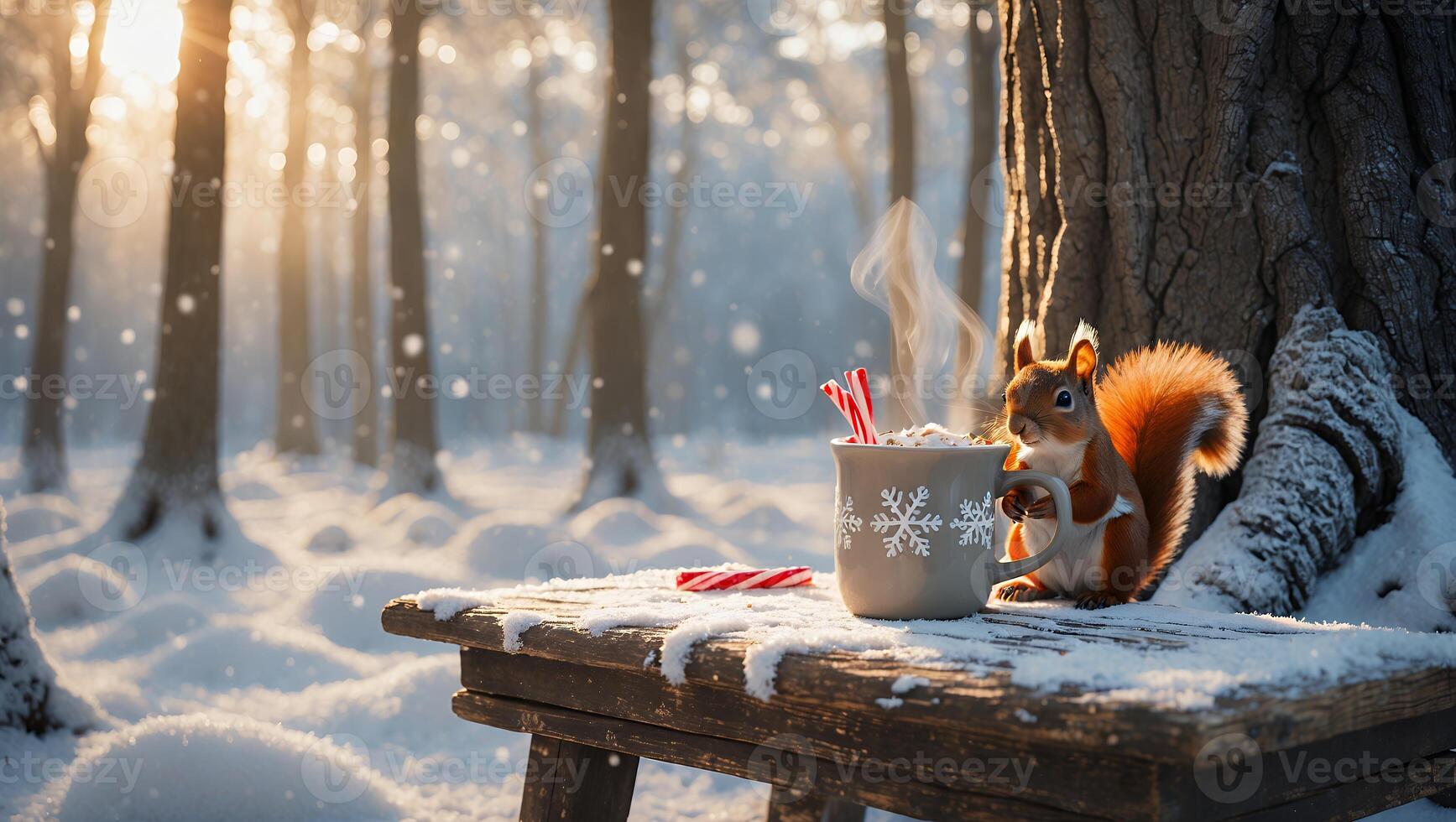 Squirrel with Hot Chocolate on Snowy Table in Winter Woods photo