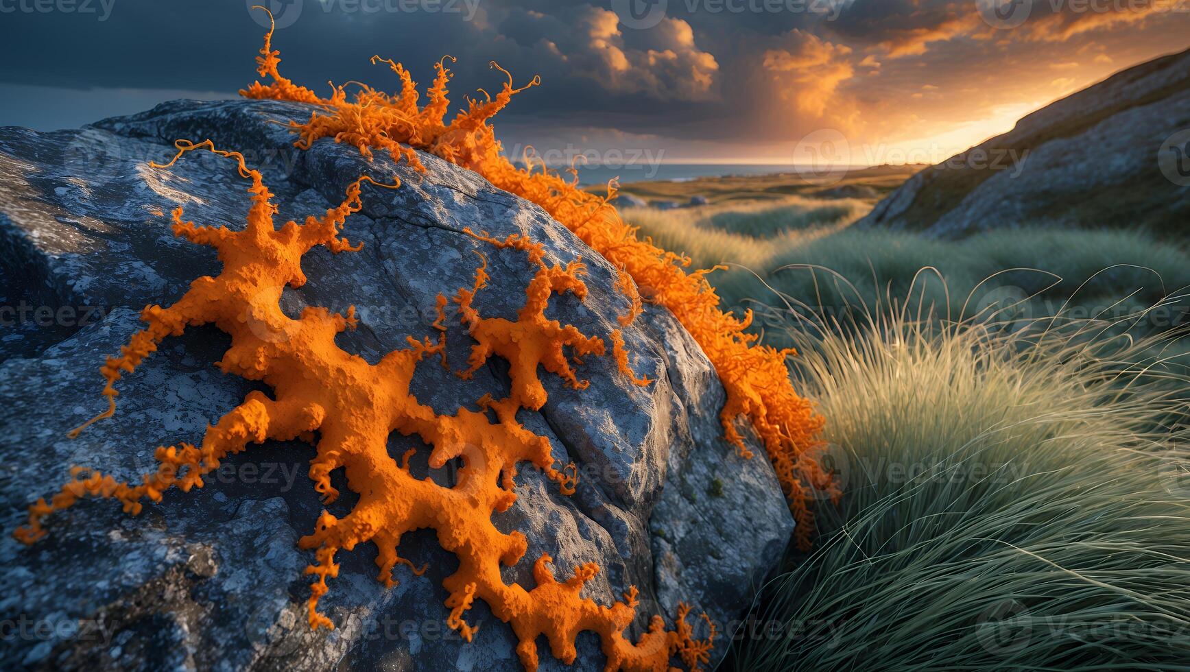 Orange Seaweed on Coastal Rock at Sunset with Grassland View photo