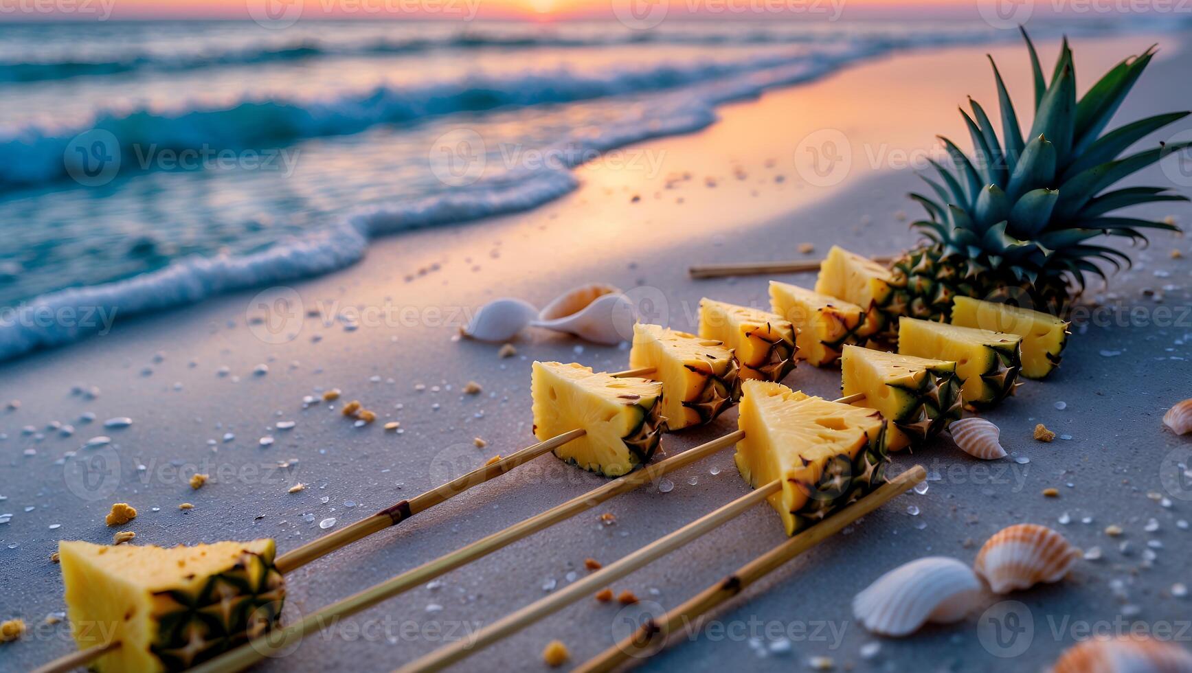 Pineapple Skewers on Beach at Sunset with Ocean Waves Crashing photo