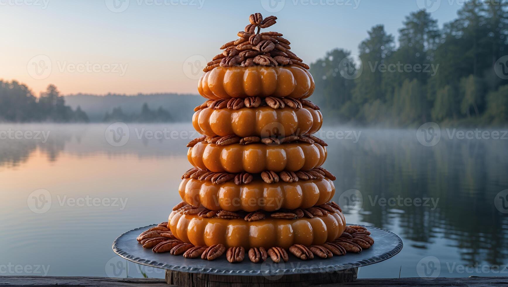 Stacked Dessert Display with Nuts by Lake at Misty Dawn photo