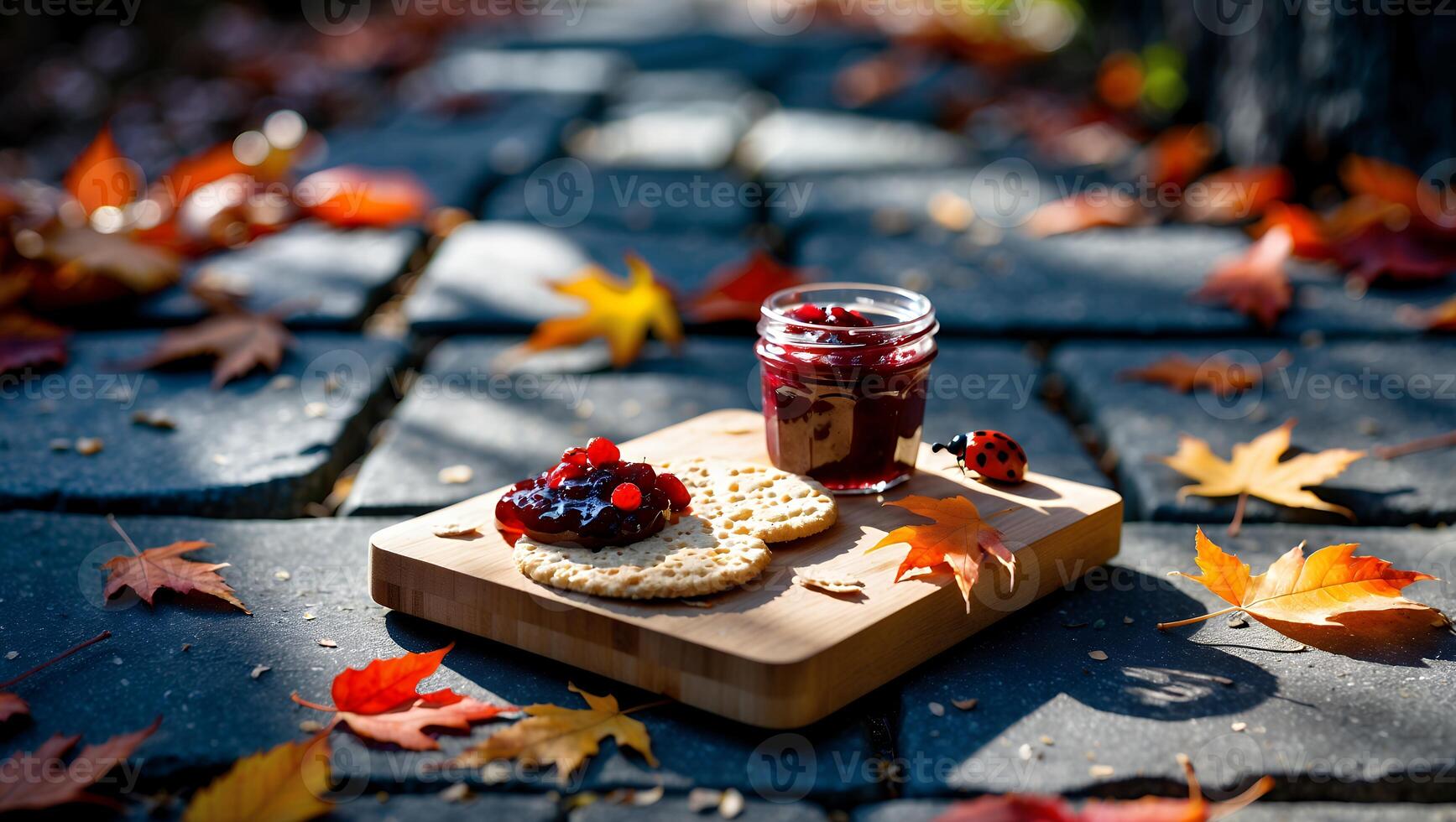 Autumn Picnic Jam and Crackers with Fallen Leaves Decoration photo