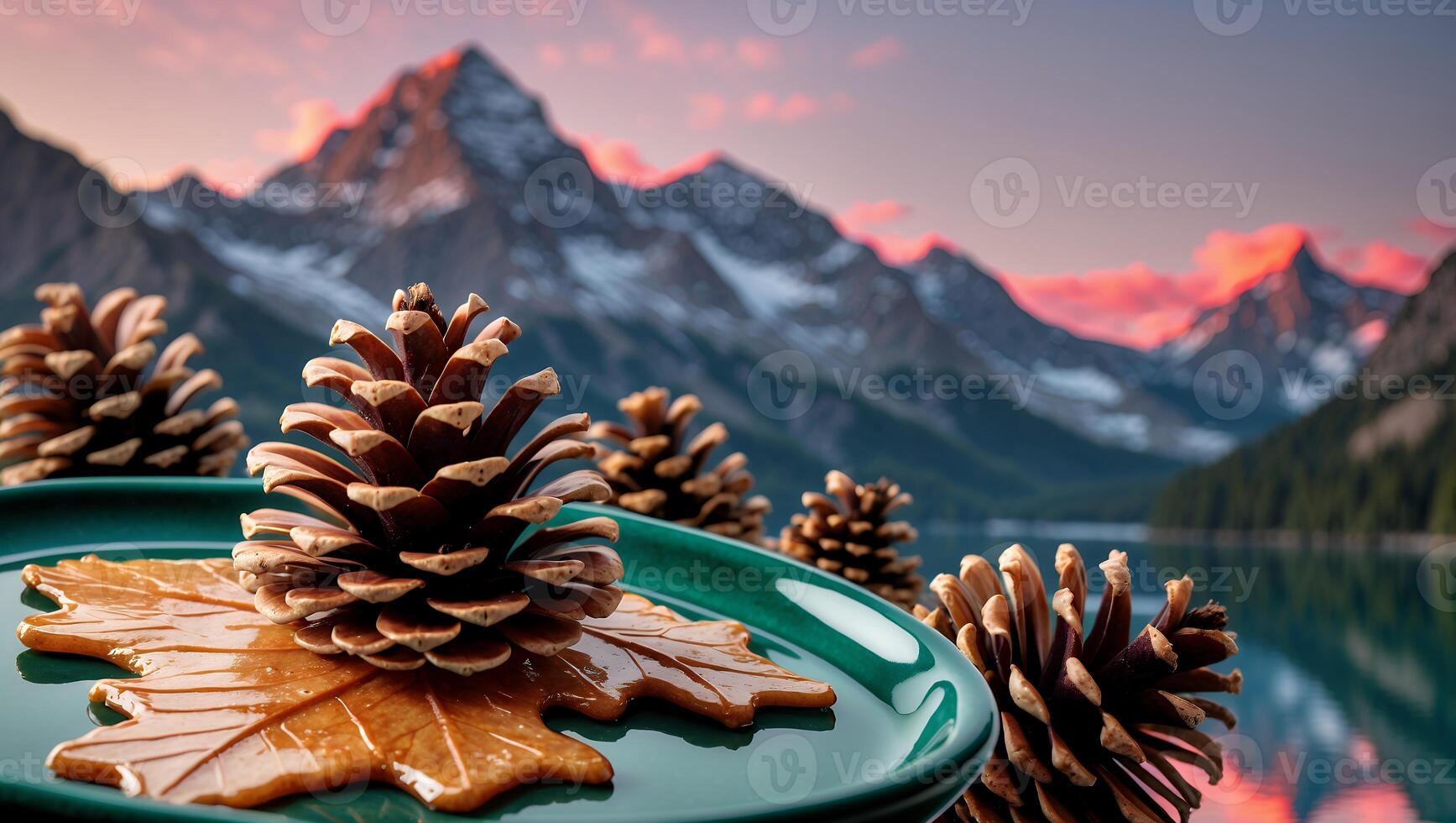 Pine Cones on Plate with Maple Leaf Candy and Mountain Backdrop photo
