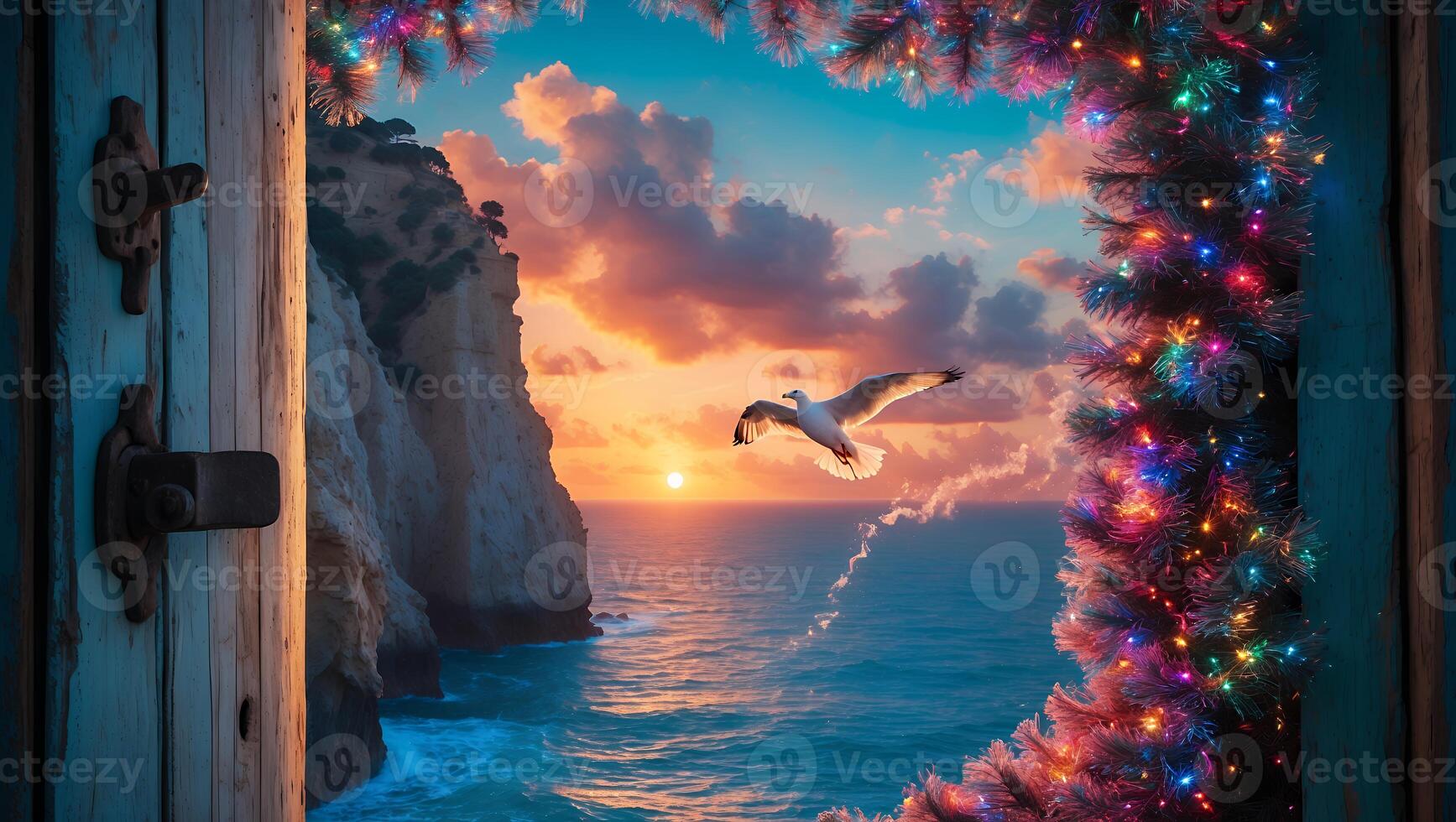 Open Door Coastal View with Bird Flying at Colorful Sunset photo