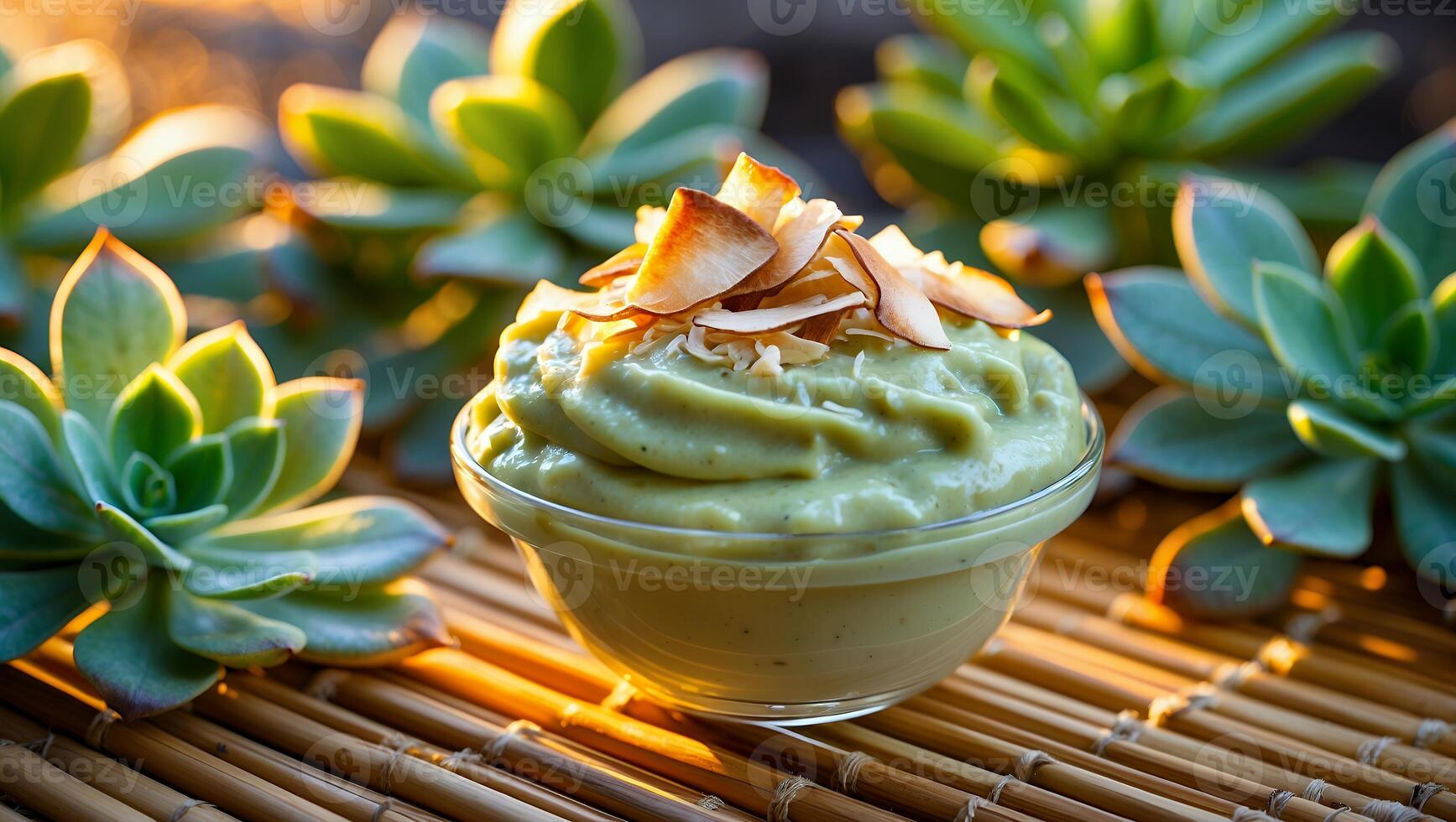Delicious Green Dessert with Toasted Coconut Flakes Displayed Among Succulents photo