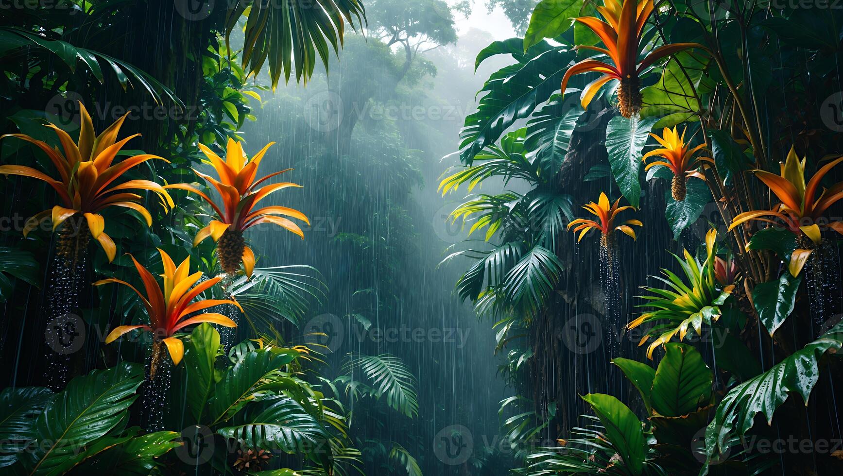 Rain Falling in Lush Tropical Forest with Green Plants and Flowers photo