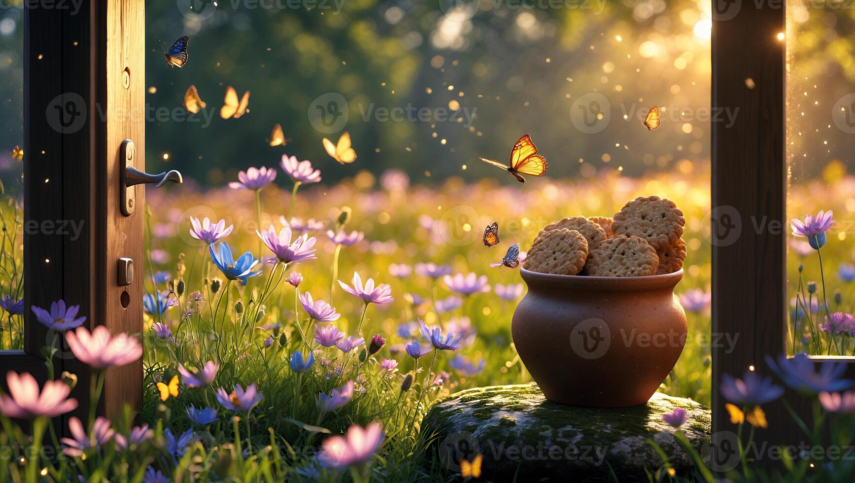 Cookies in Pot with Flowers and Butterflies Through Open Door photo