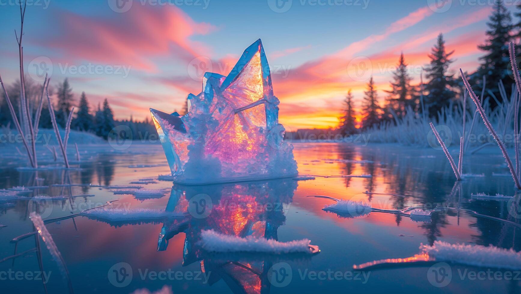 Frozen Lake with Ice Formation at Sunset with Reflection photo