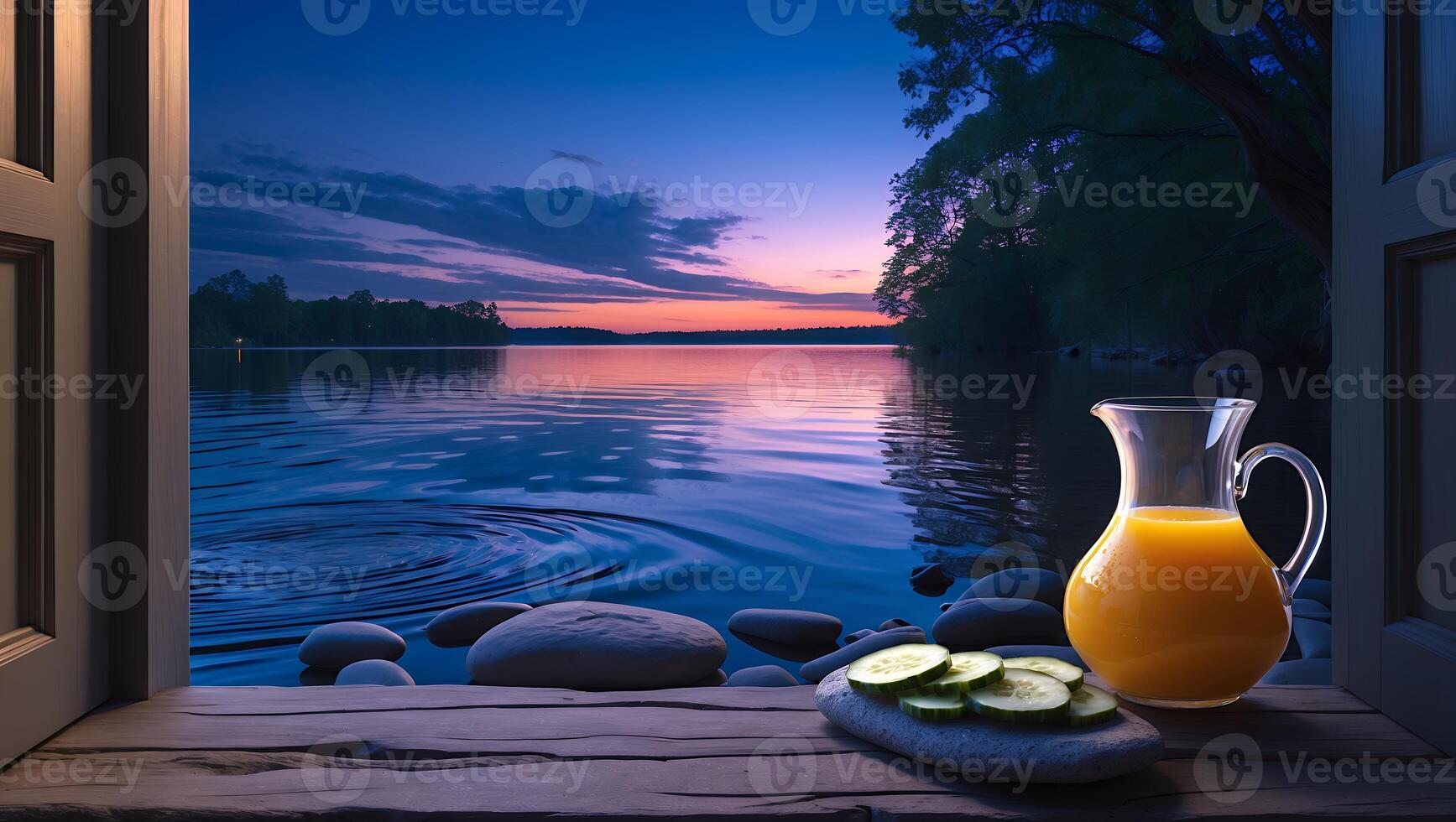 Refreshing Juice at Lake View From Open Window at Dusk photo