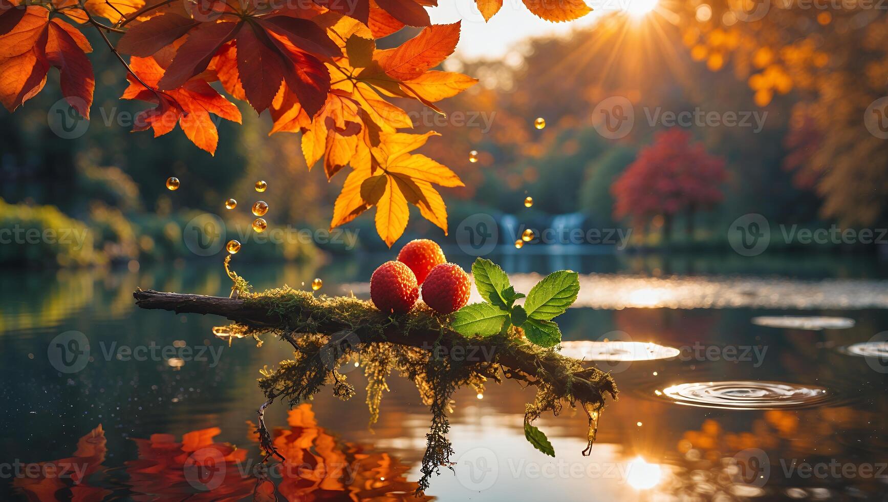 Autumn Lake with Mossy Branch, Berries, Leaves and Golden Light photo