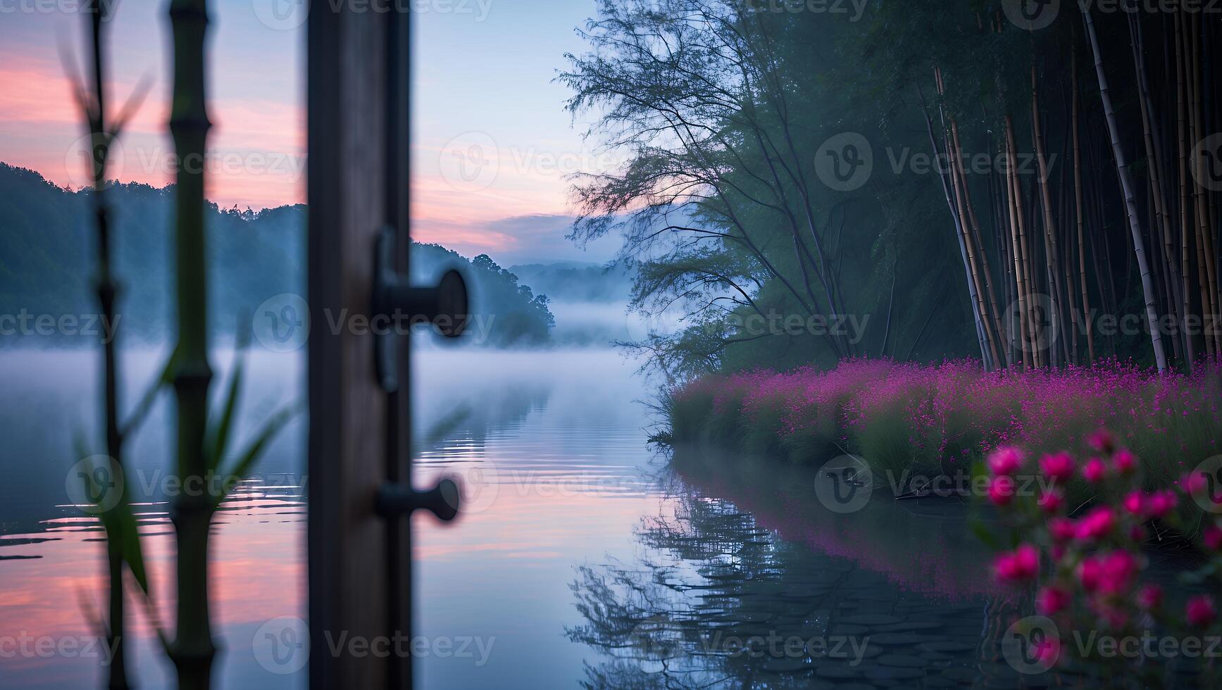 Lake View Through Open Door with Fog and Pink Flowers photo