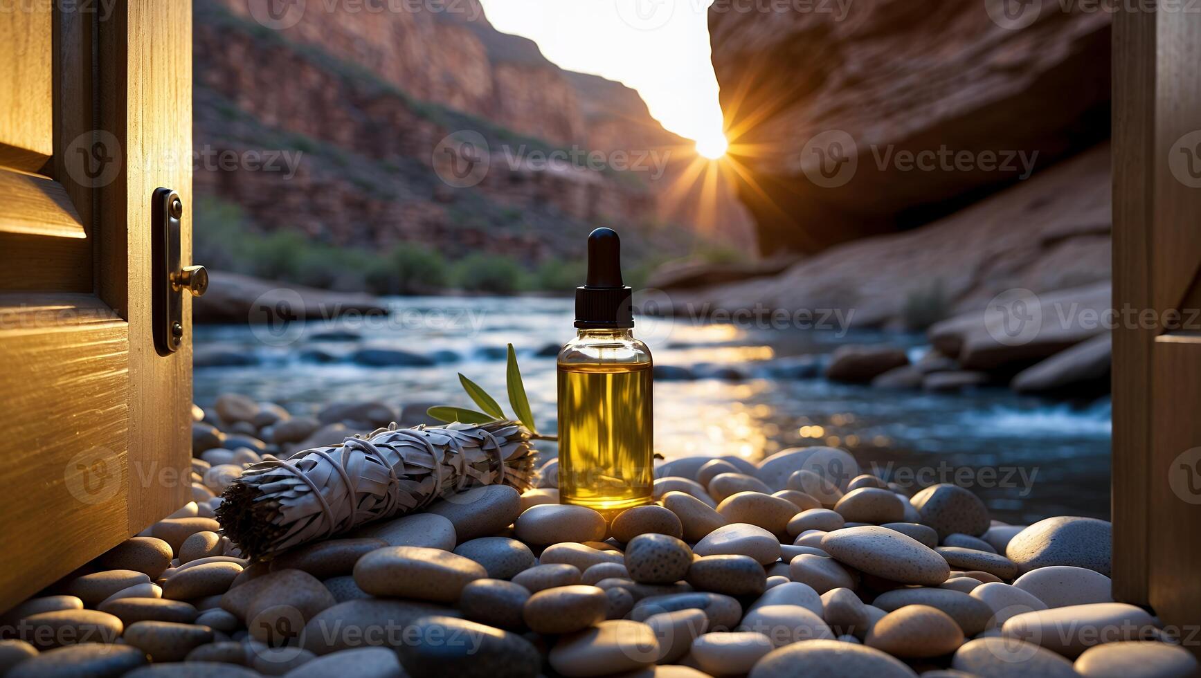 Essential Oil with River and Mountain View Emerging Through Doorway photo