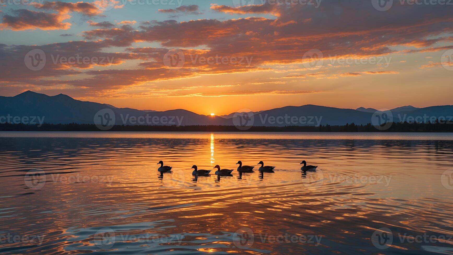 Geese Swimming on Lake at Sunset with Mountain Silhouette Backdrop photo