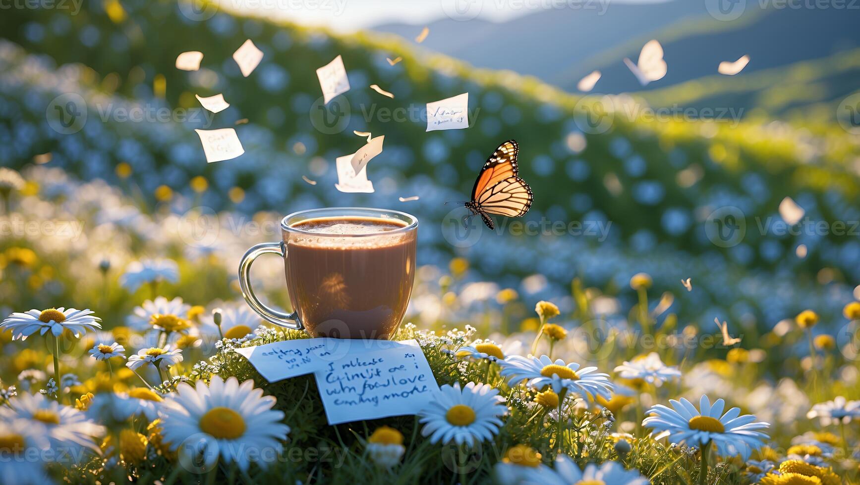 Enjoying Warm Beverage and Butterfly in Meadow of Daisies with Notes photo