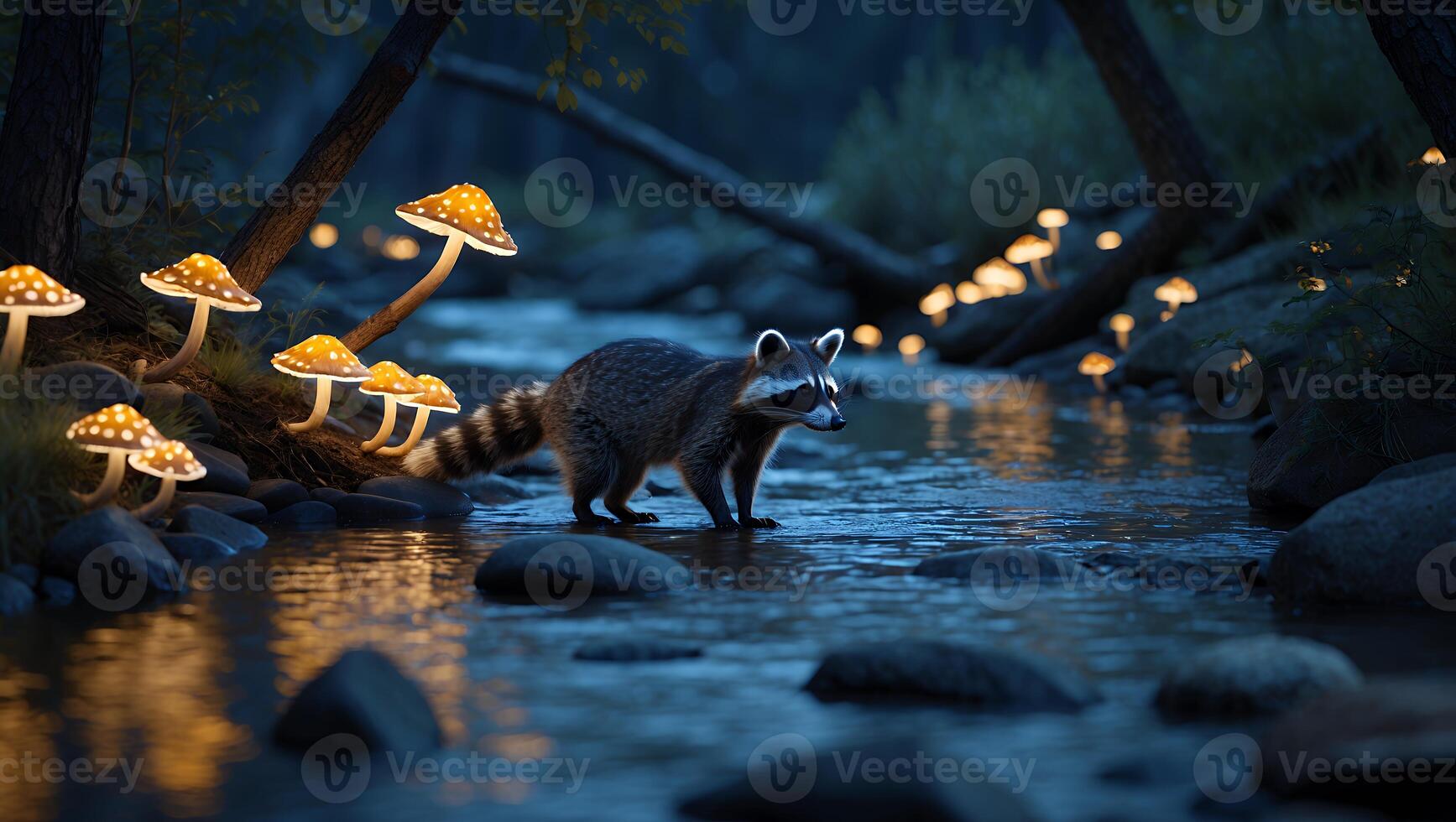 Raccoon Walking in Stream at Night with Glowing Mushrooms photo