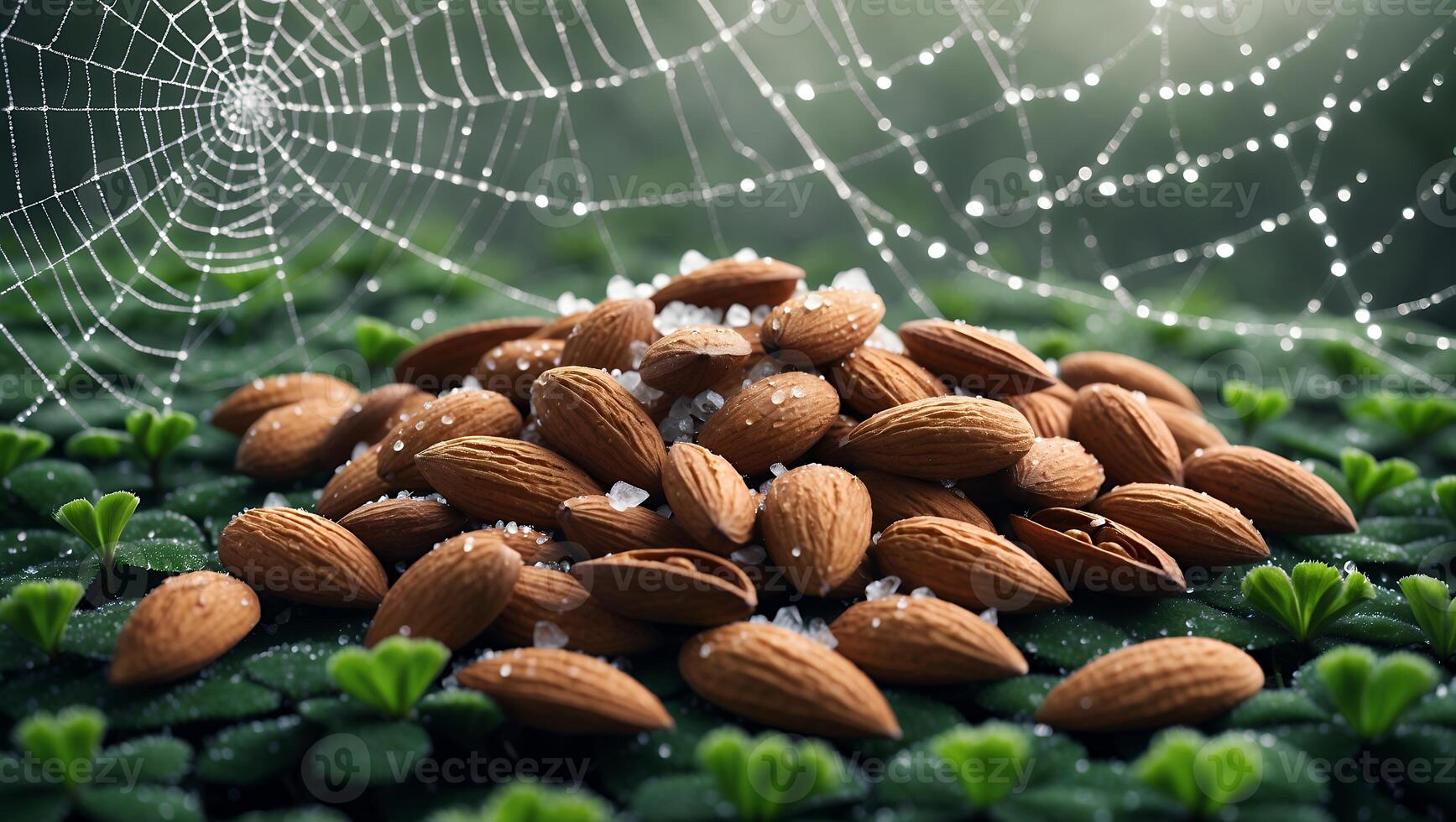 Pile of Almonds Sprinkled with Salt on Green Clover Patch photo