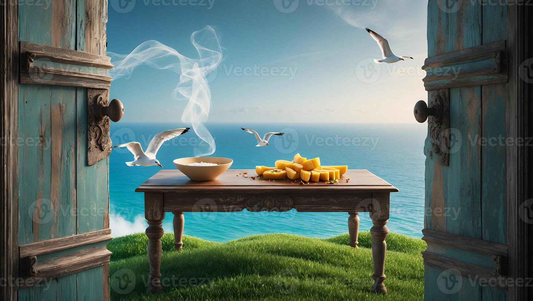 Open Door to Ocean View with Food and Flying Seagulls photo