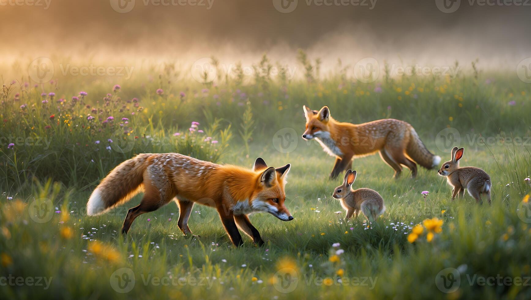 Foxes and Rabbits in a Sunny Meadow Exploring Wildlife Habitat photo
