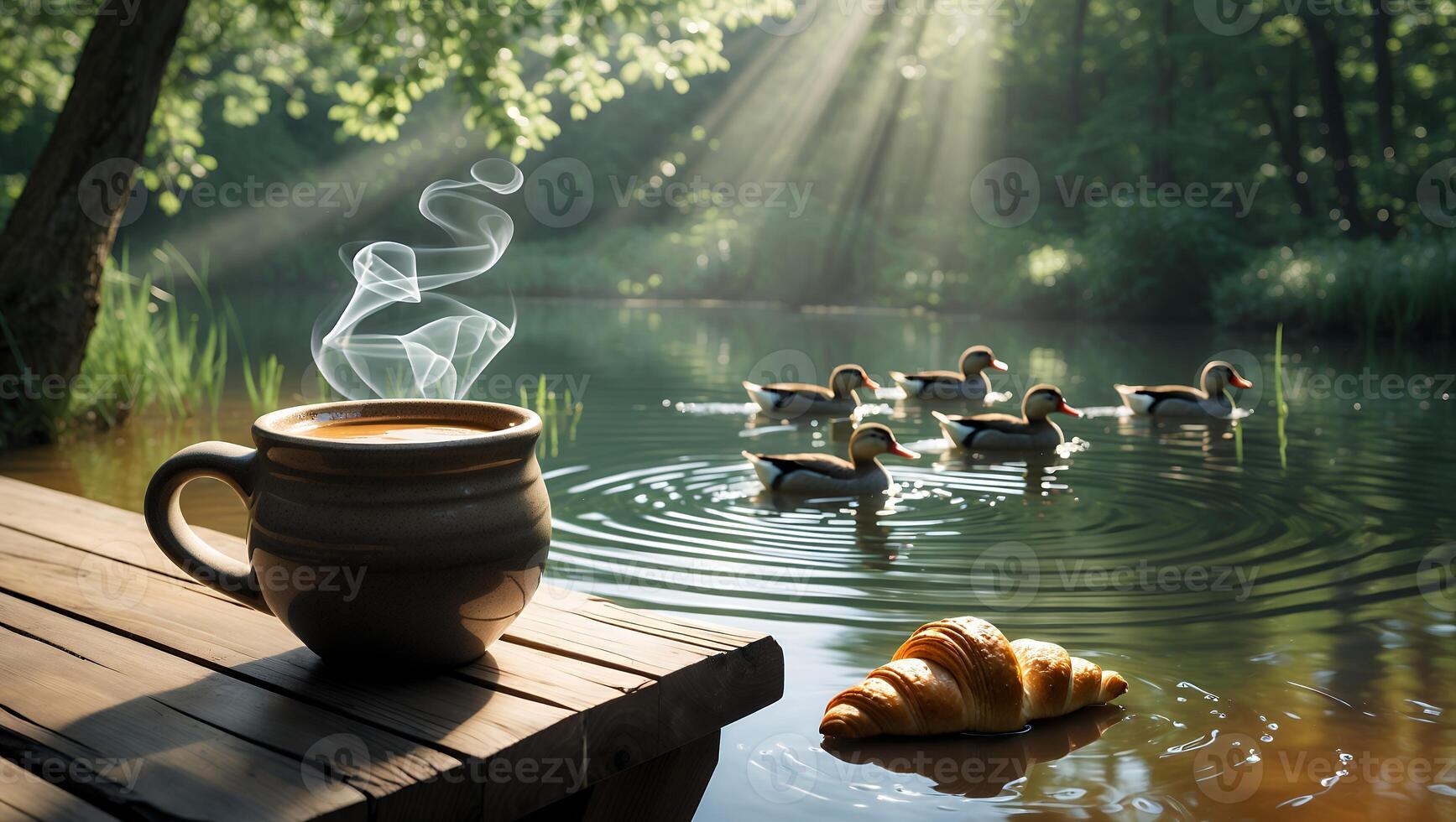 Hot Coffee and Croissant by Lake with Ducks Enjoying Peaceful Morning photo