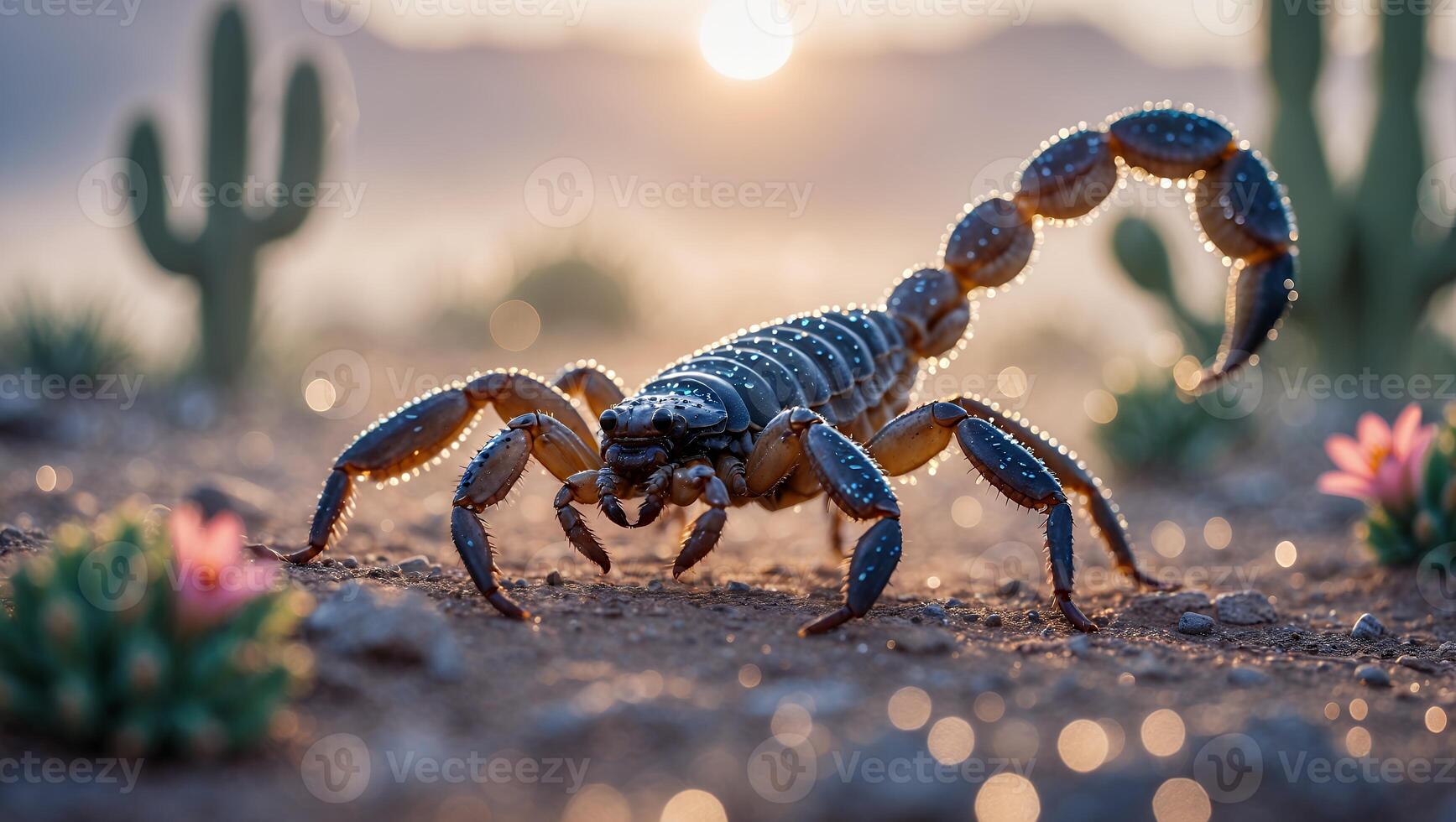 Scorpion Posing in Desert Landscape Under Sun with Cactus and Flowers photo