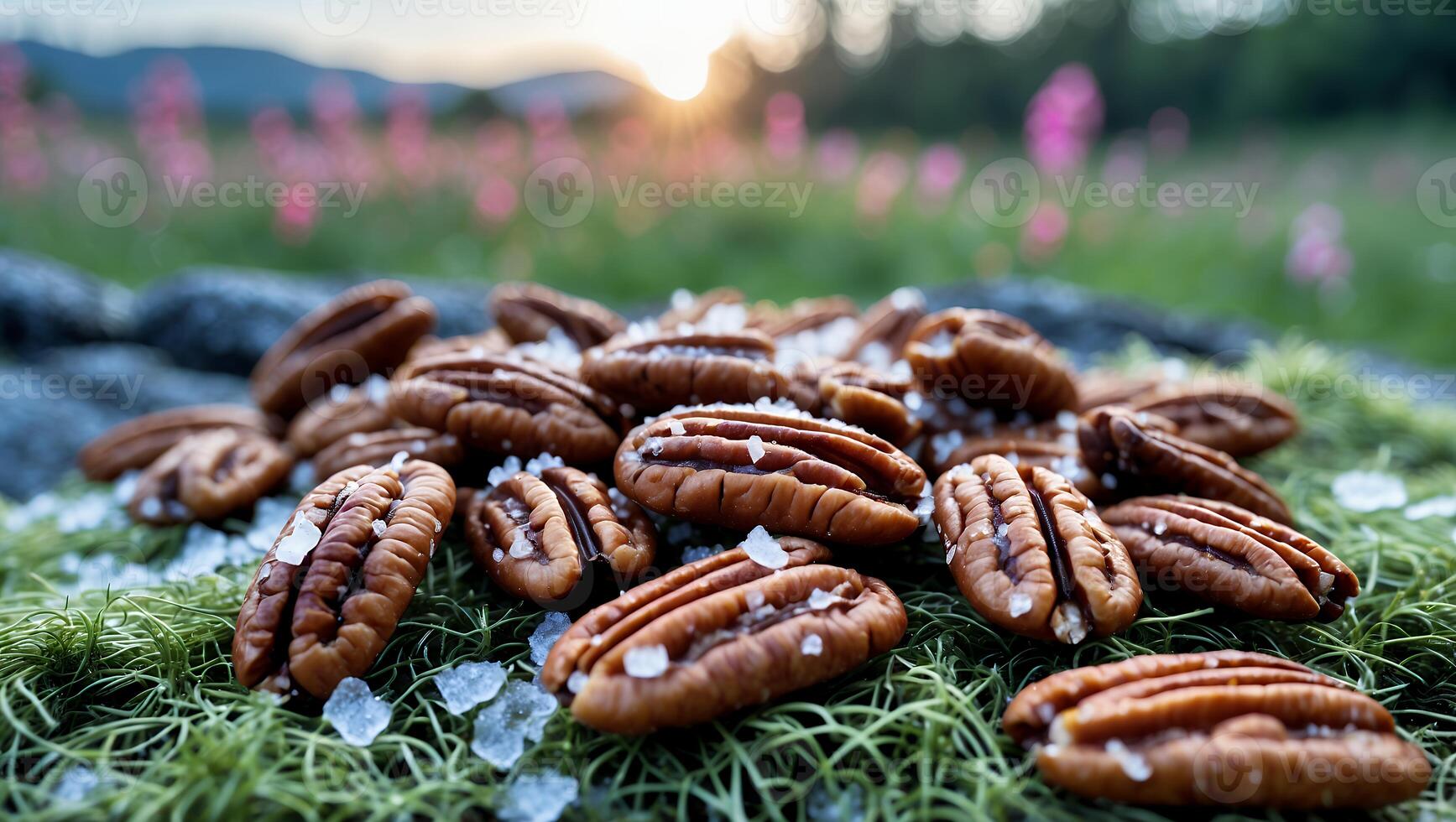 Pecan Nuts with Sea Salt on Mossy Rock at Sunset photo