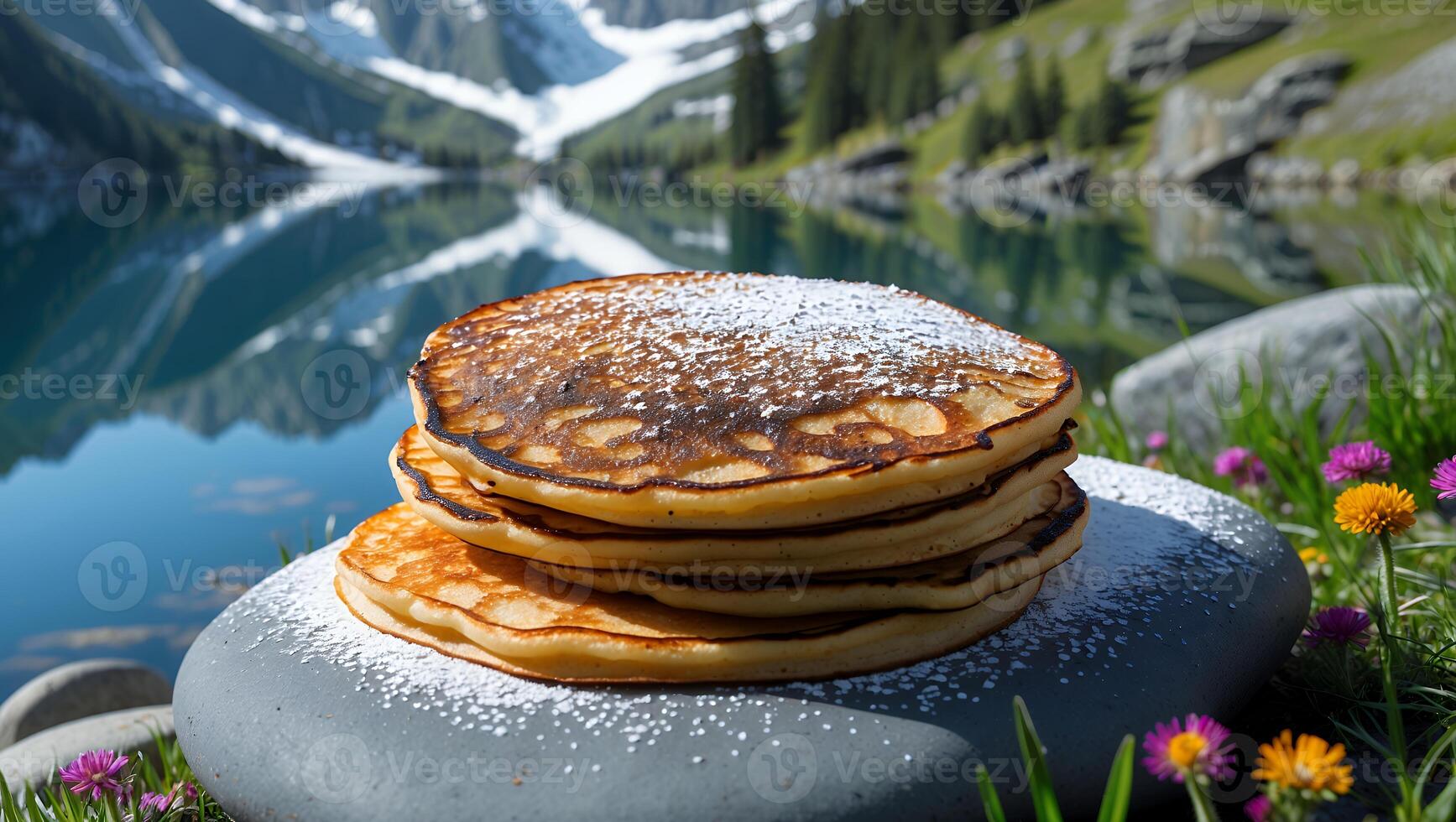 Stack of Pancakes with Powdered Sugar by Mountain Lake Scene photo