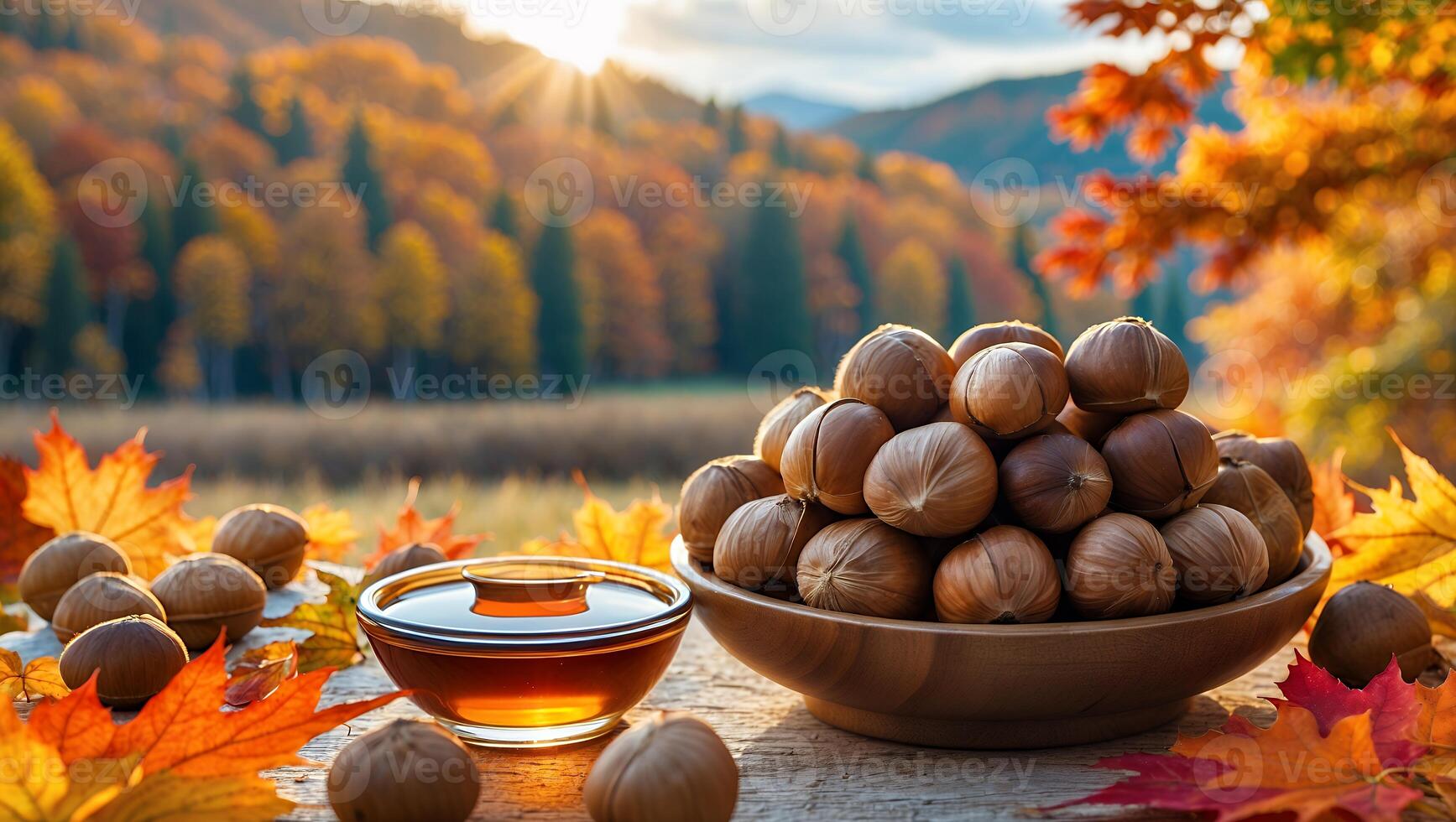 Chestnuts and Honey with Autumn Leaves in Colorful Forest Landscape photo