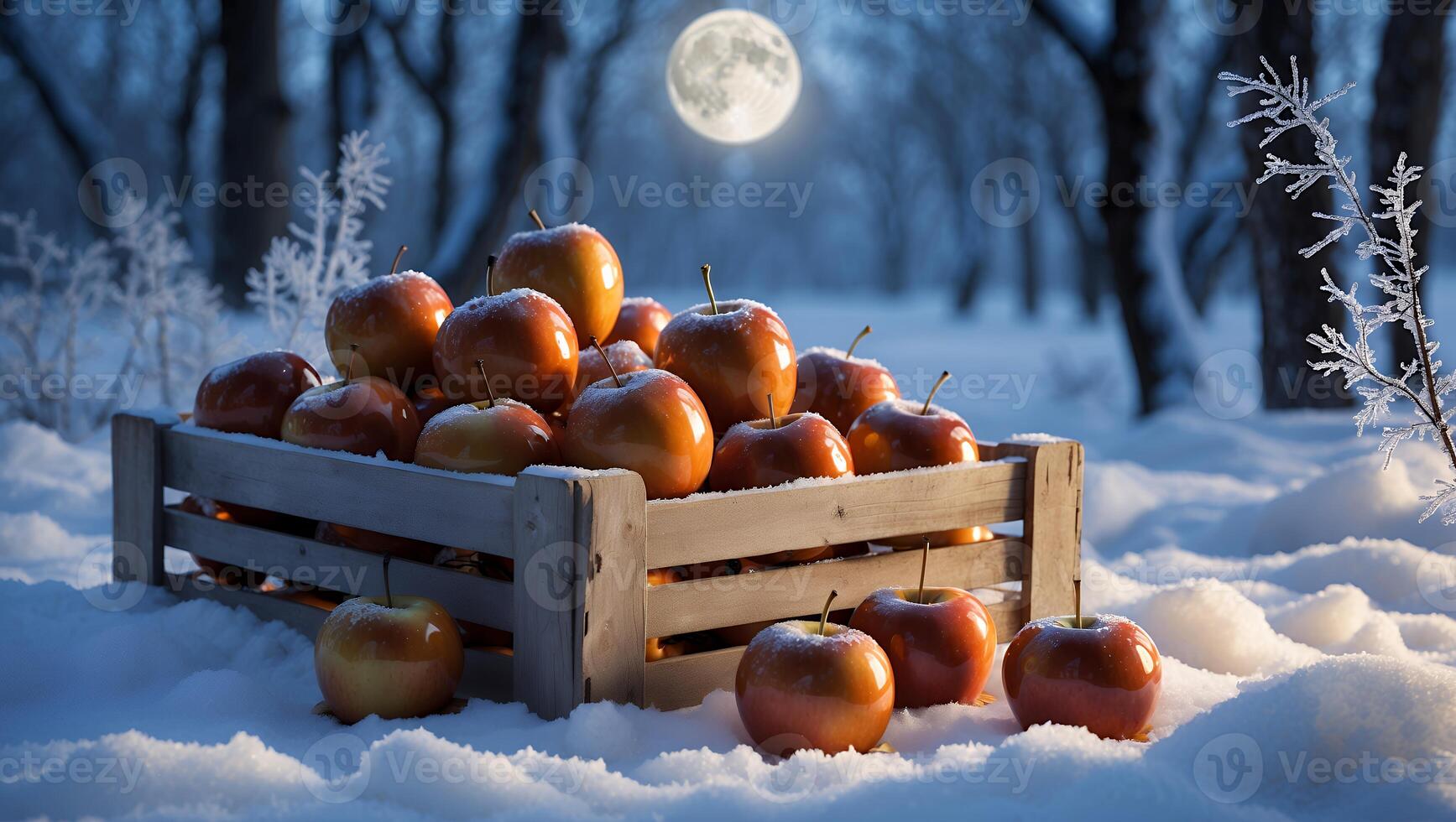 Apples in Crate on Snow at Night with Moonlit Winter Forest photo