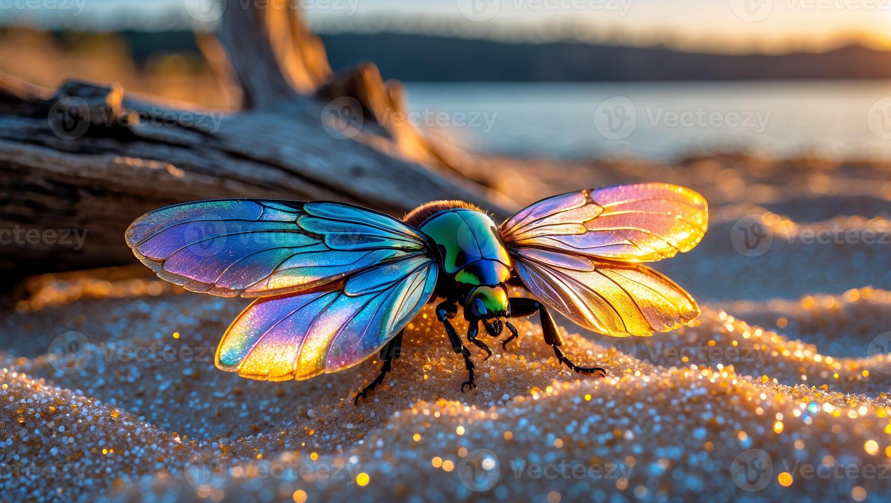 Iridescent Beetle on Sand with Shimmering Particles at Dusk photo