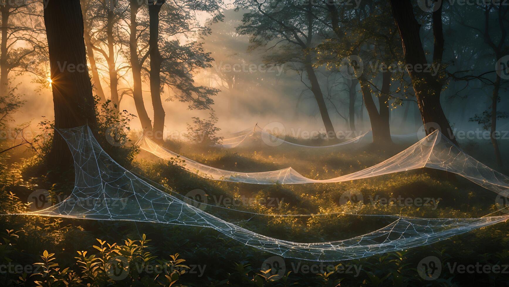 Spiderweb Covered Forest Floor with Sunlight Streaming Through the Trees photo