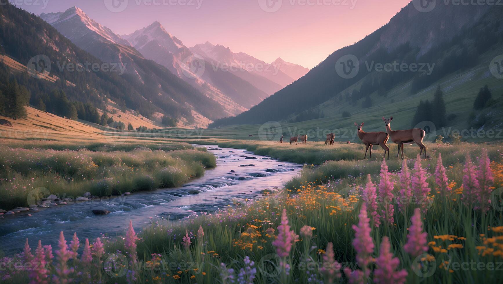 Deer Grazing by Mountain Stream in Valley with Meadow Flowers photo