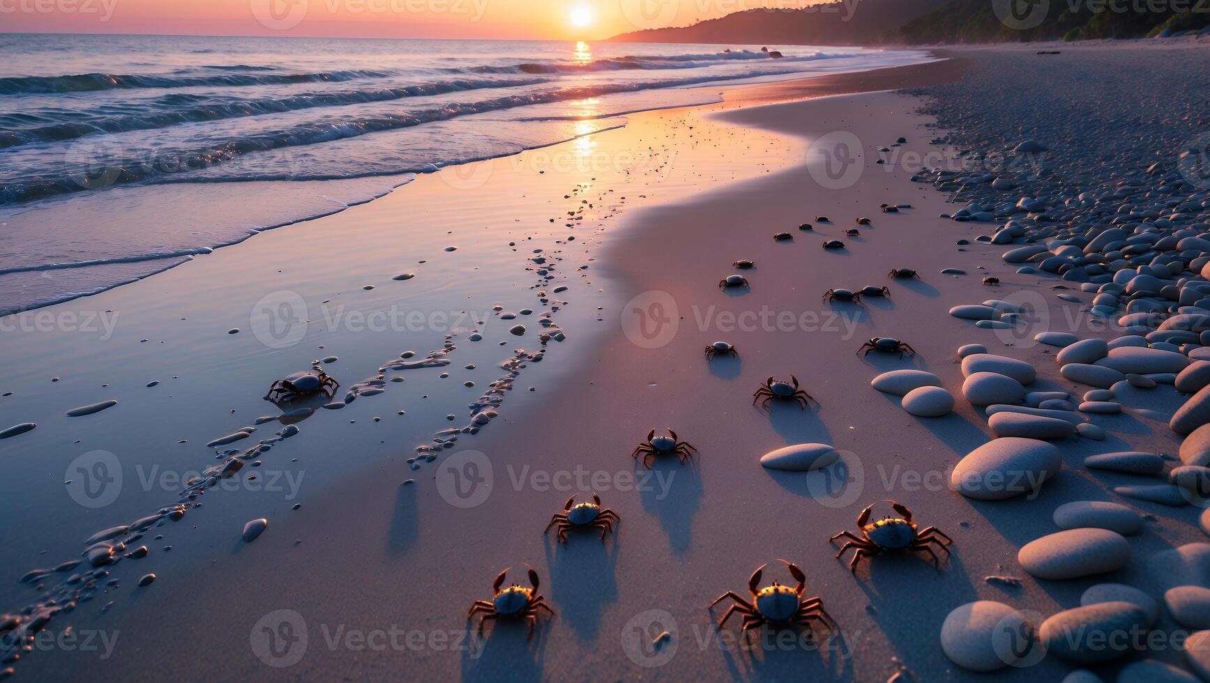 Crabs Walking on Sandy Beach at Sunset with Gentle Waves photo