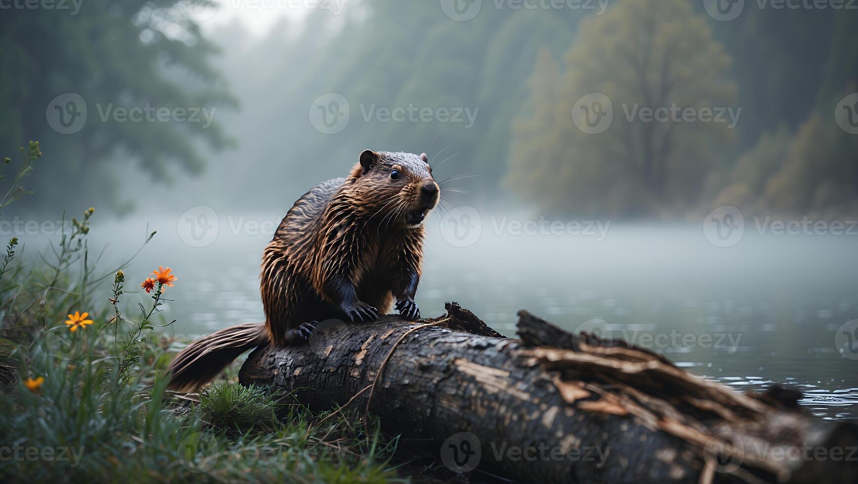 Beaver Sitting on Log by Foggy Lake in Natural Habitat photo