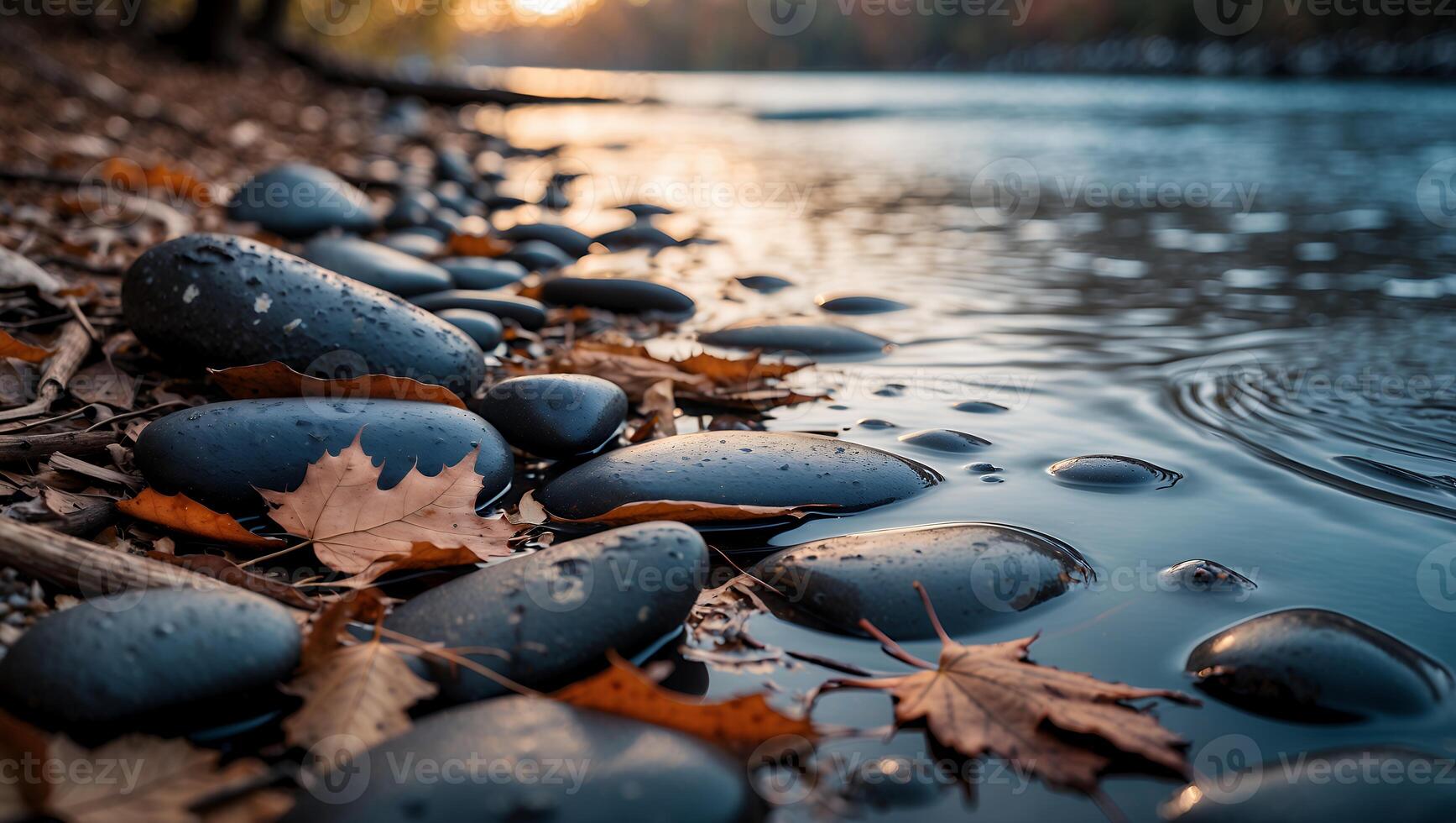 Rocks and Autumn Leaves by the Water at Sunset Landscape photo