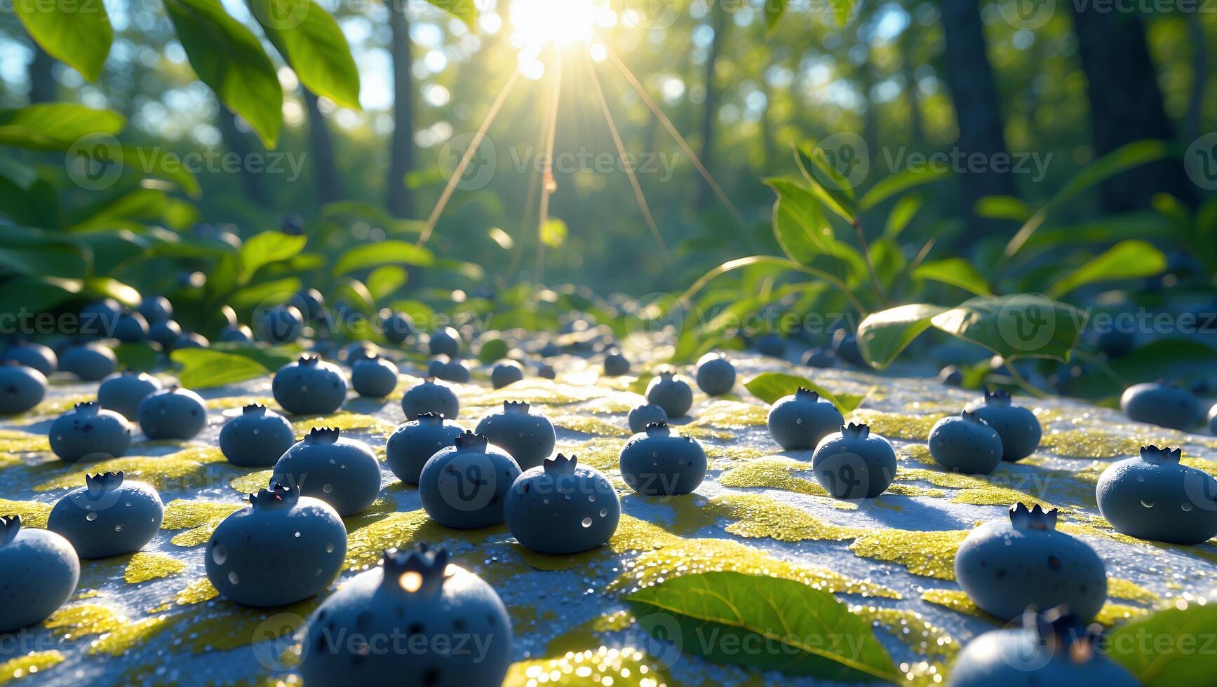 Fresh Blueberries Scattered on Ground with Sunlight Streaming Through Trees photo