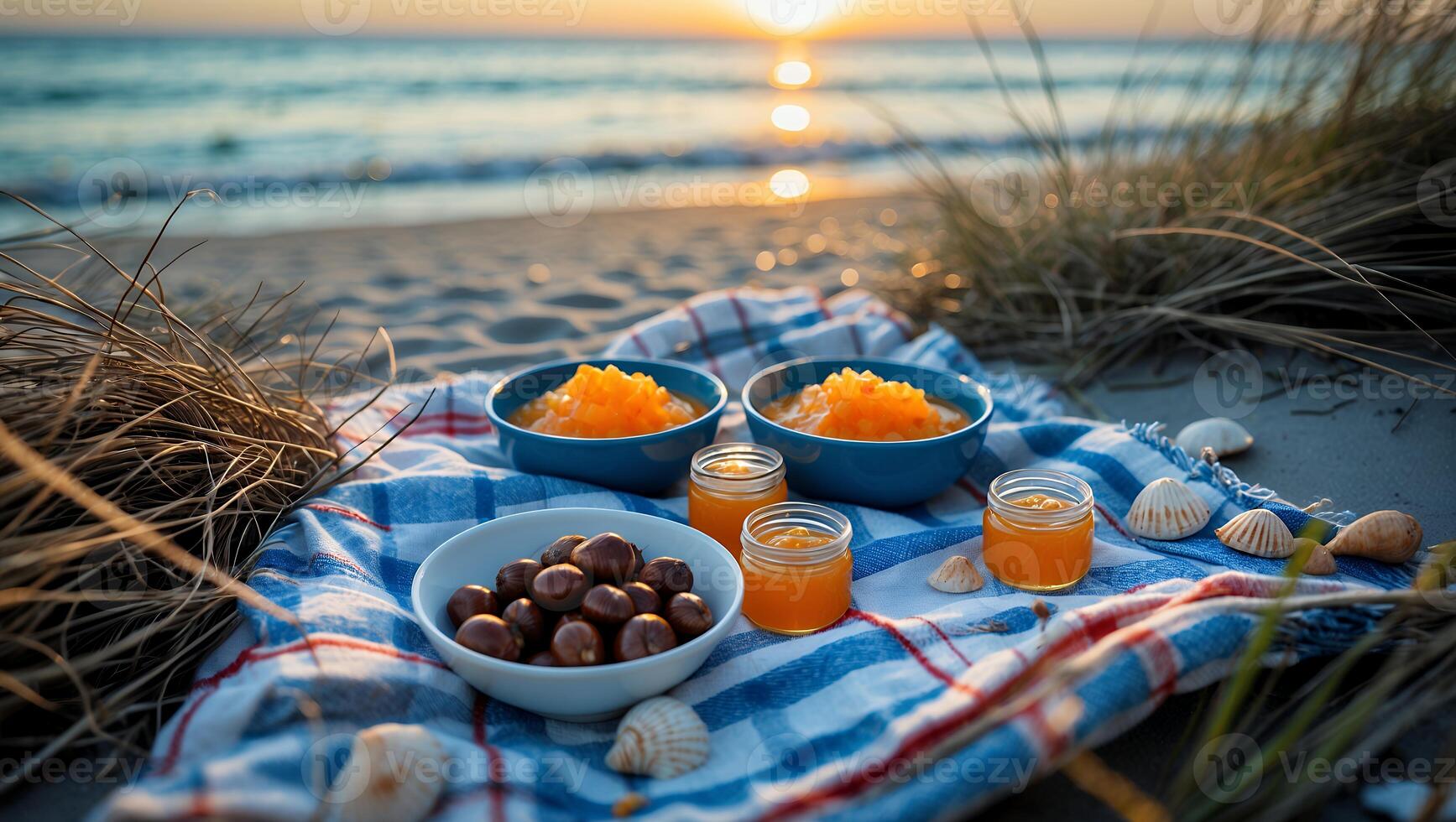 Beach Picnic with Food at Sunset Relaxing Meal by the Sea photo