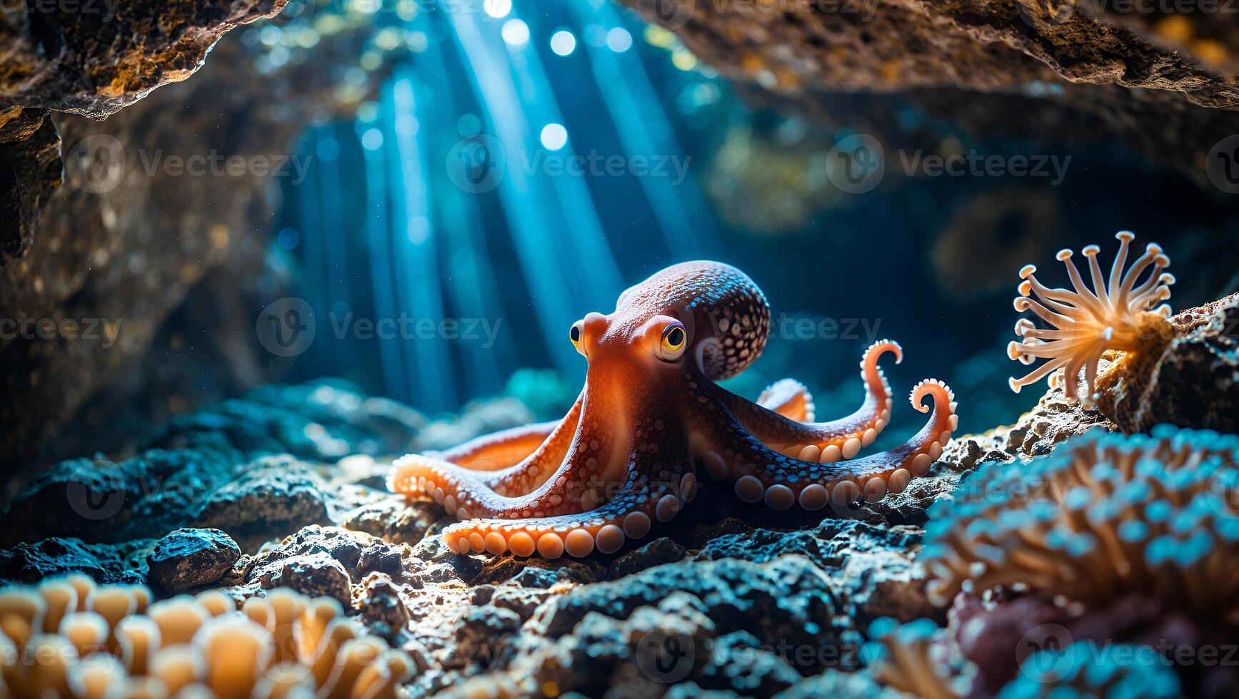 Octopus Sitting on Ocean Floor with Sun Rays Underwater Scene photo