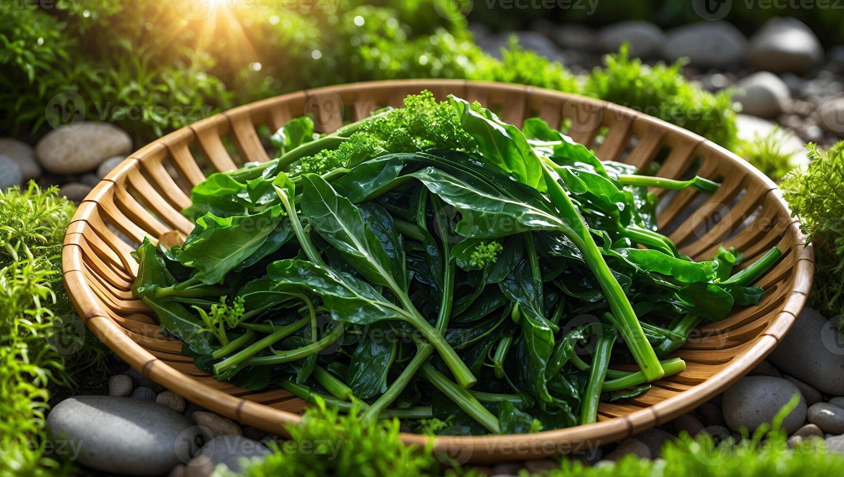 Green Vegetable Displayed in Woven Basket Surrounded by Moss and Rocks photo