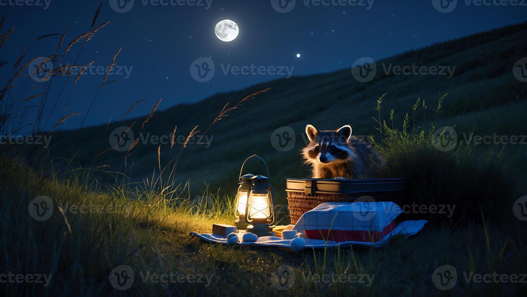 Raccoon Sitting in Picnic Basket Under Moonlit Starry Night Landscape photo