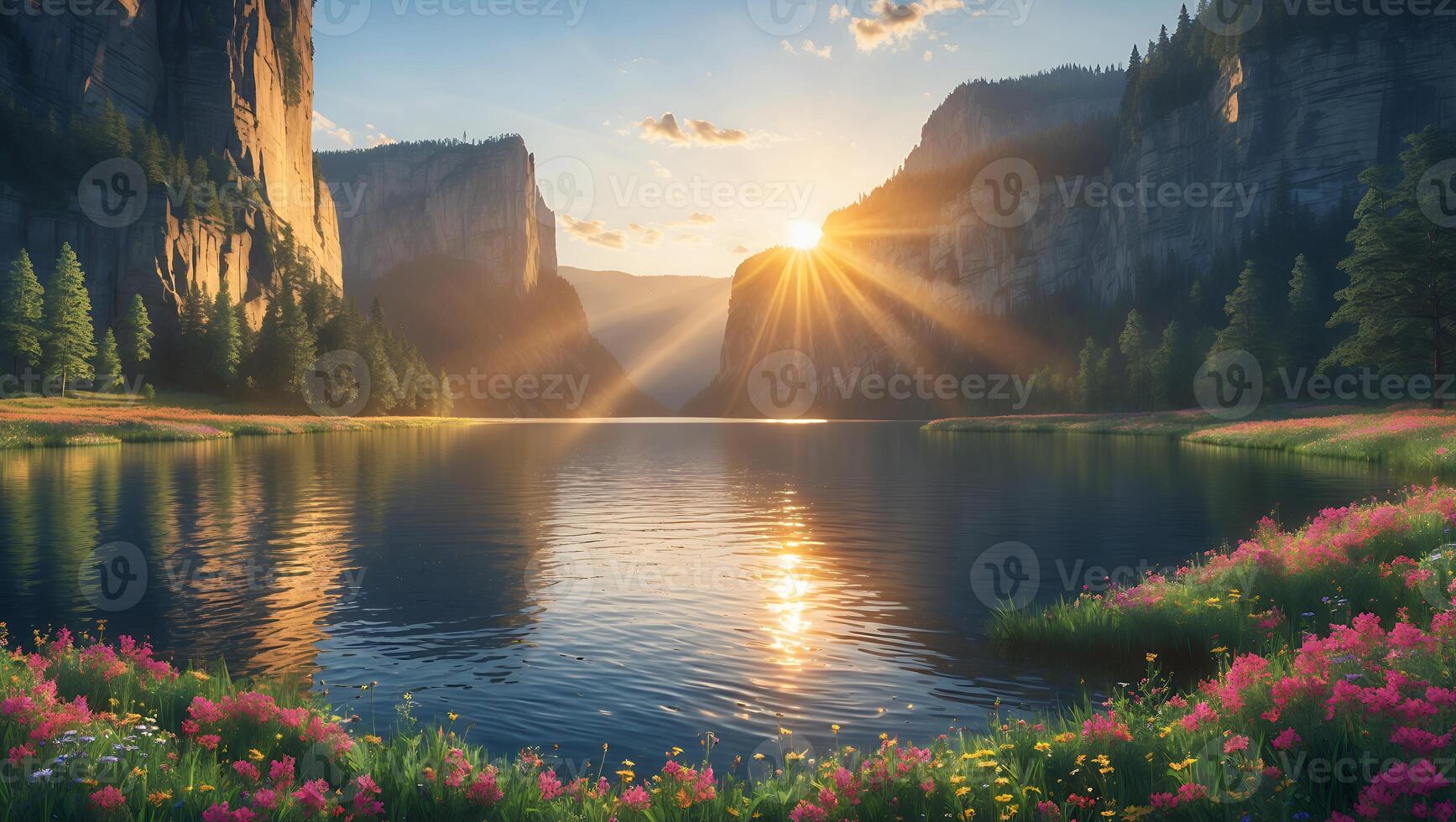 Scenic Lake Surrounded by Cliffs Reflecting Sunlight and Wildflowers Growing photo