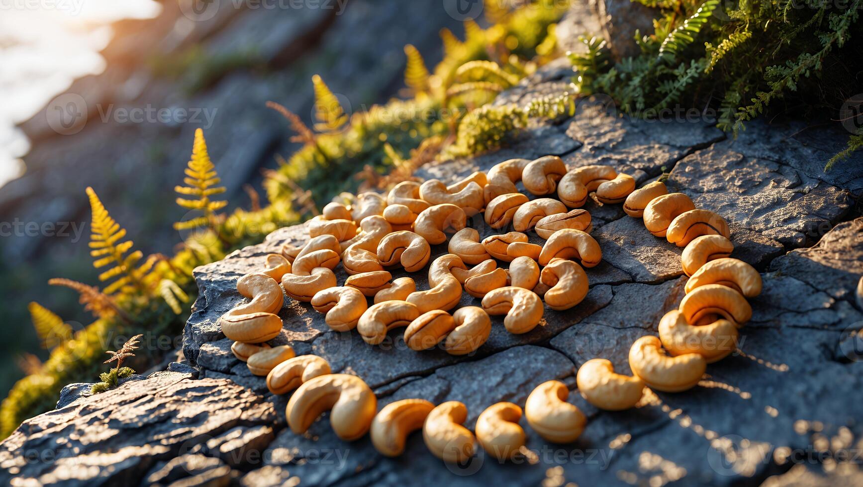 Arranging Cashews on a Rock Outcrop with Ferns and Moss photo