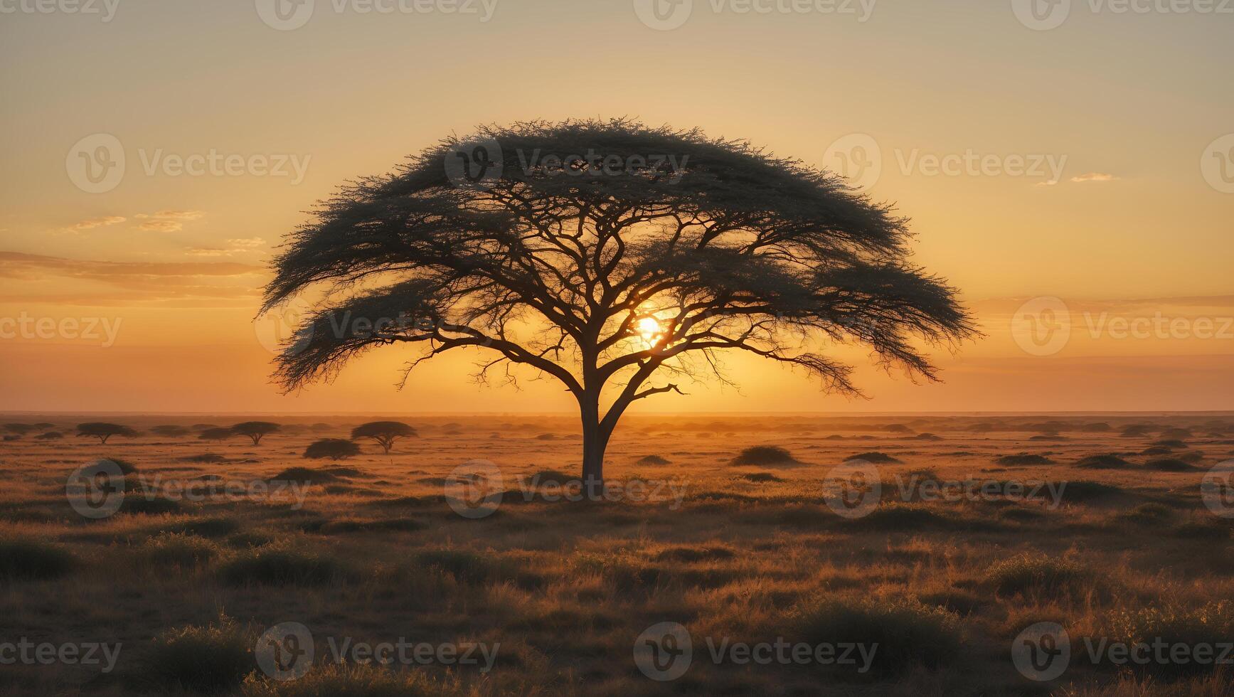 Solitary Tree Silhouette Against a Golden Sunset in the Savanna photo