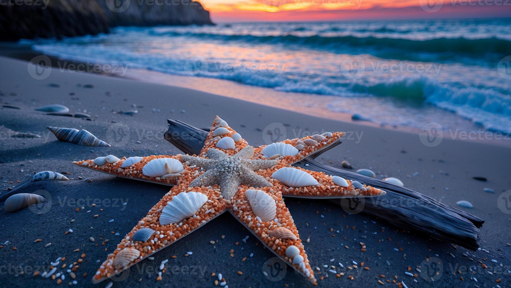 Starfish on Beach at Sunset with Seashells and Driftwood Decoration photo