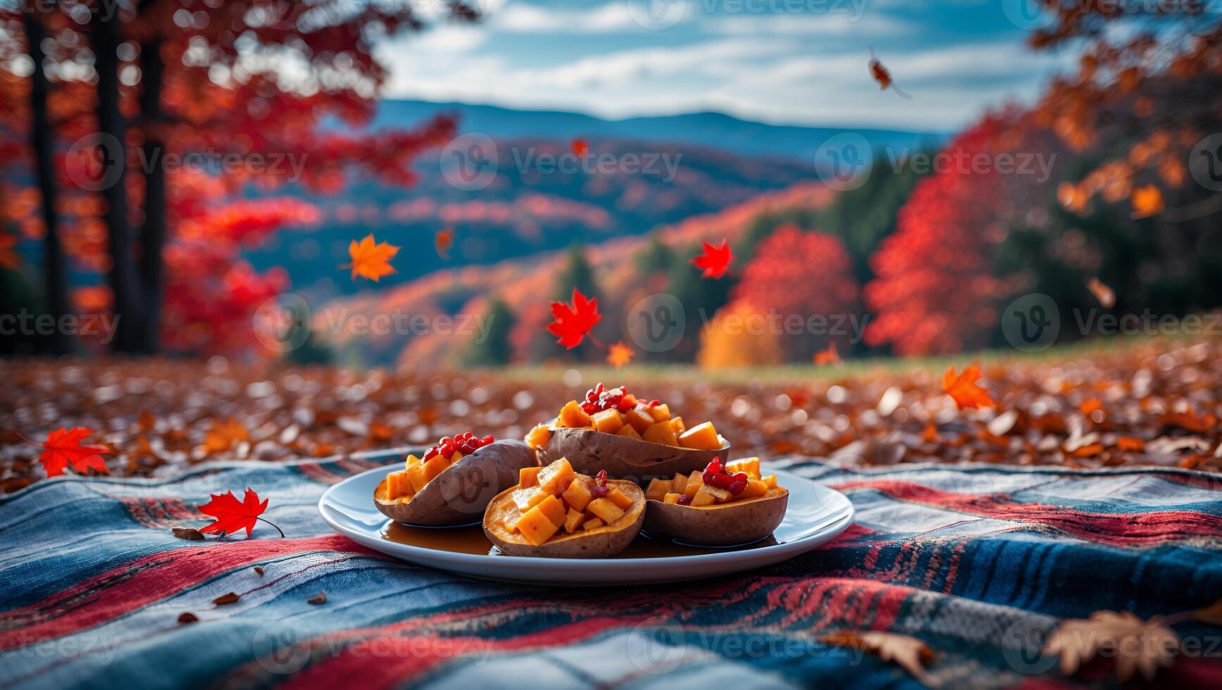 Stuffed Sweet Potato Halves on Plaid Blanket in Autumnal Setting photo