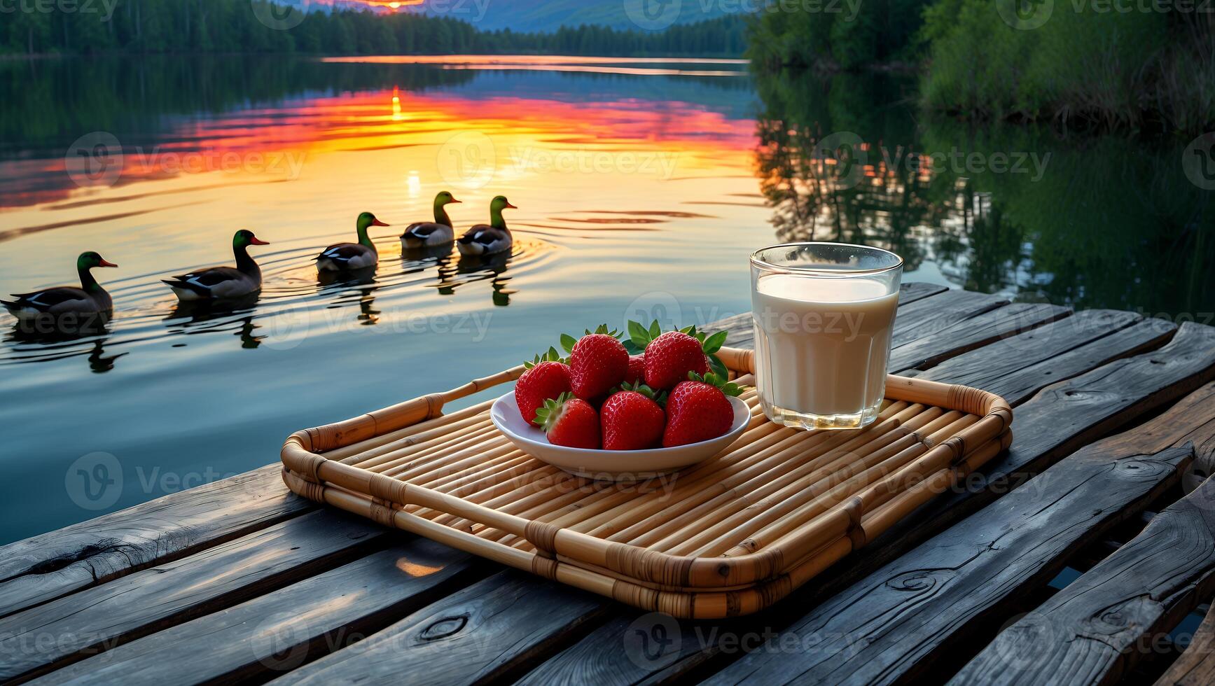 Strawberries and Drink on Dock with Ducks Swimming at Sunset photo