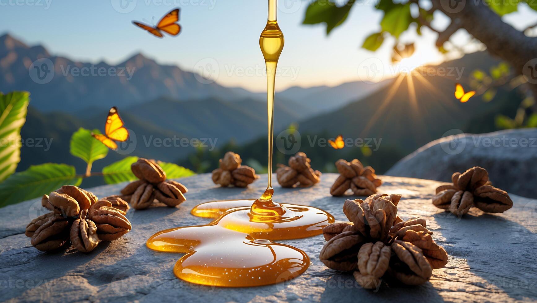 Honey Drizzling Onto Pecans with Mountain Scenery and Butterflies photo